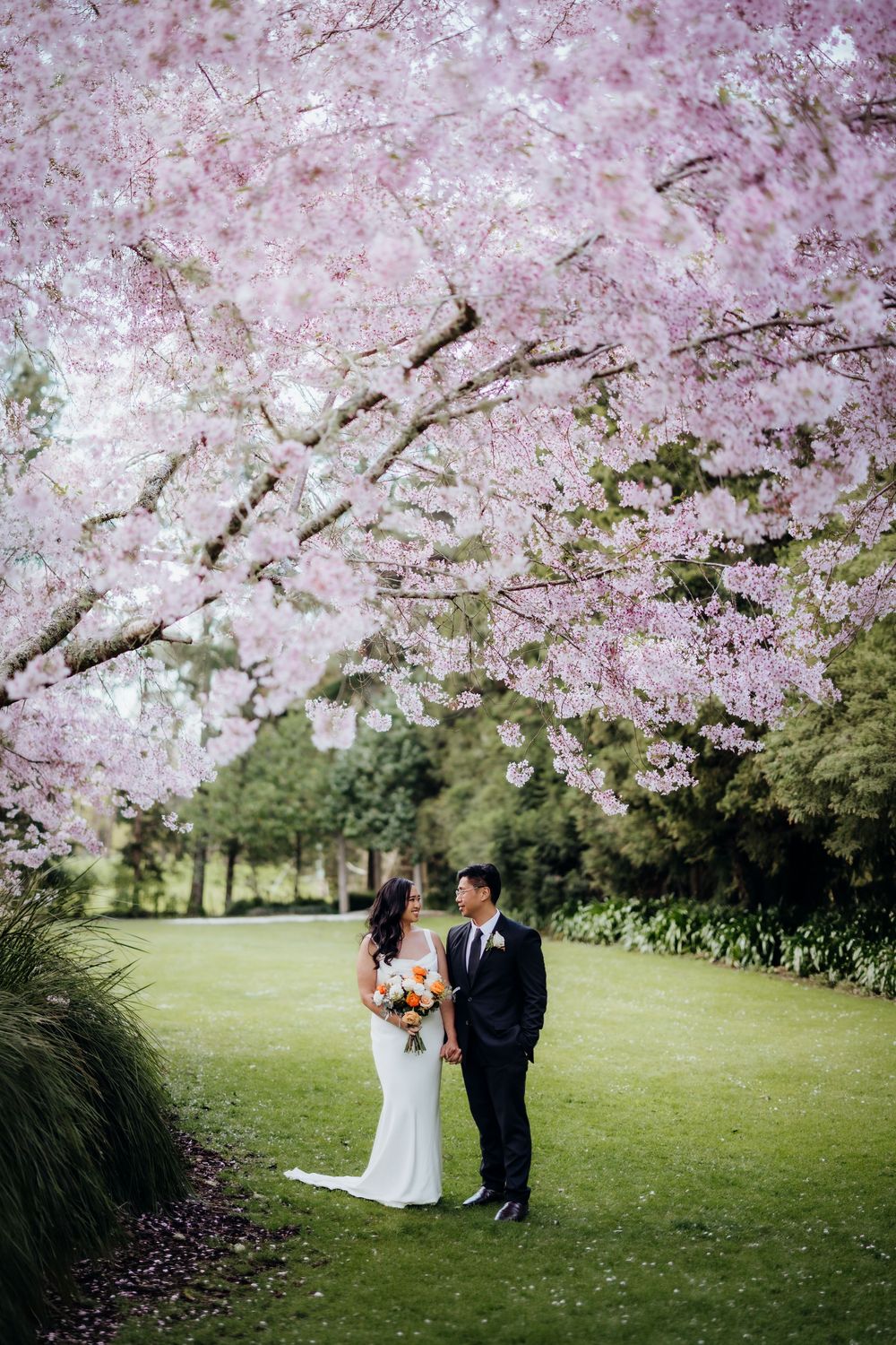 Bride and groom stand beneath blooming pink cherry blossom tree on lush green lawn during outdoor wedding ceremony.
