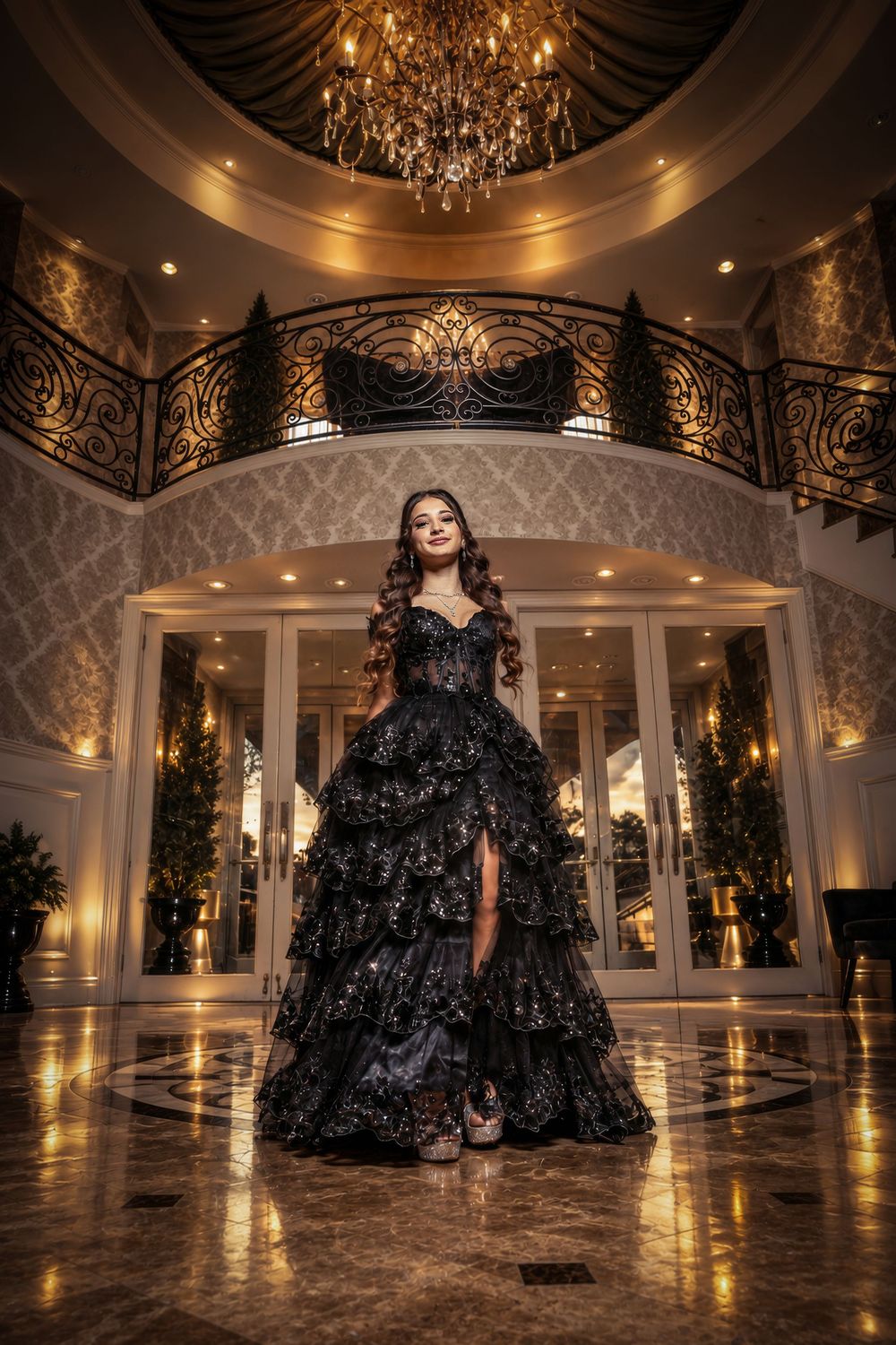 Young woman in elegant black sequined ballgown poses in luxurious mansion foyer with chandelier and ornate balcony.