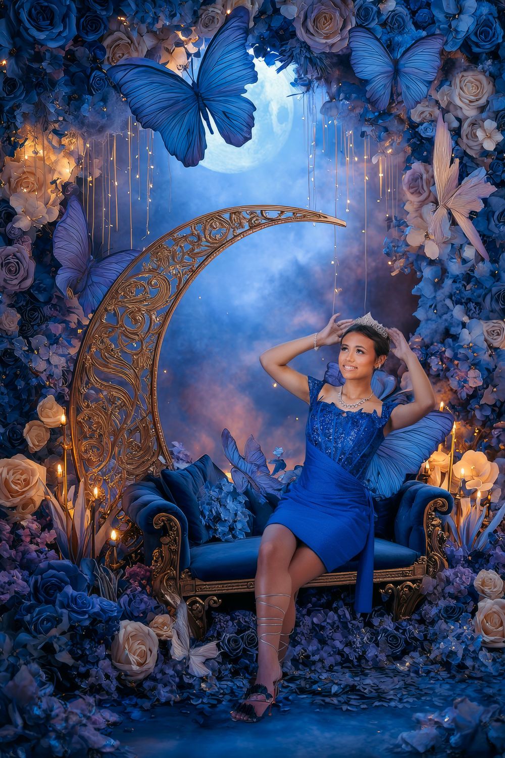 Woman in blue dress sits on ornate crescent moon chair surrounded by blue butterflies and roses in a fantasy setting.