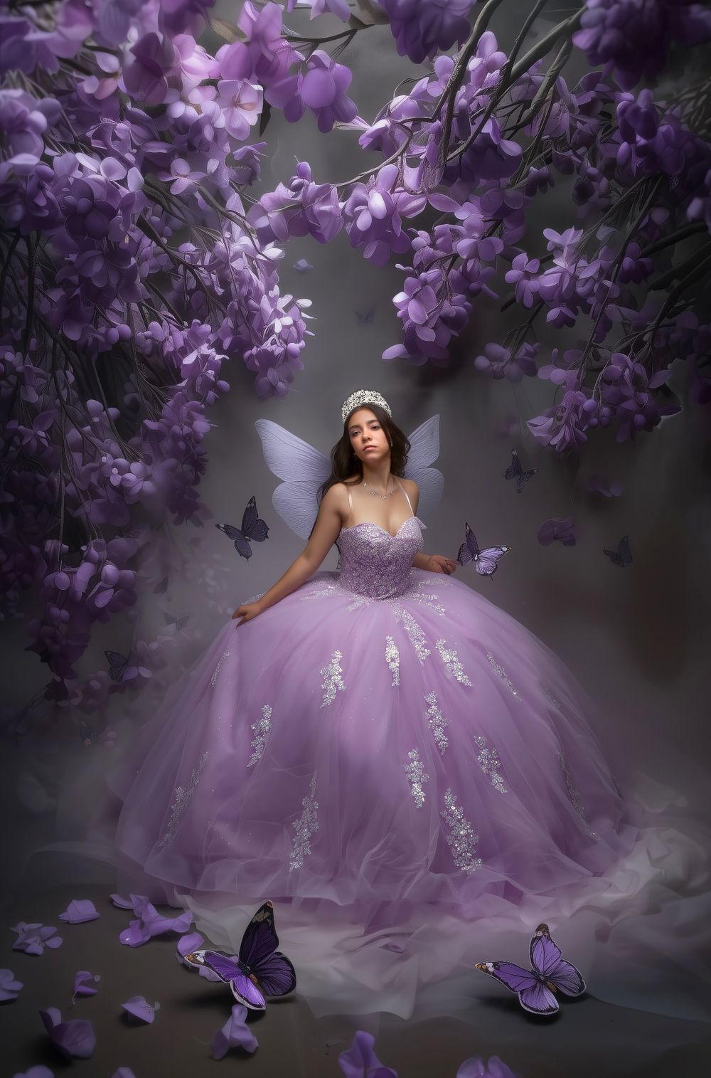 Dreamy floral photoshoot with lavender ballgown and purple butterflies in ethereal lighting with blooming flowers overhead.