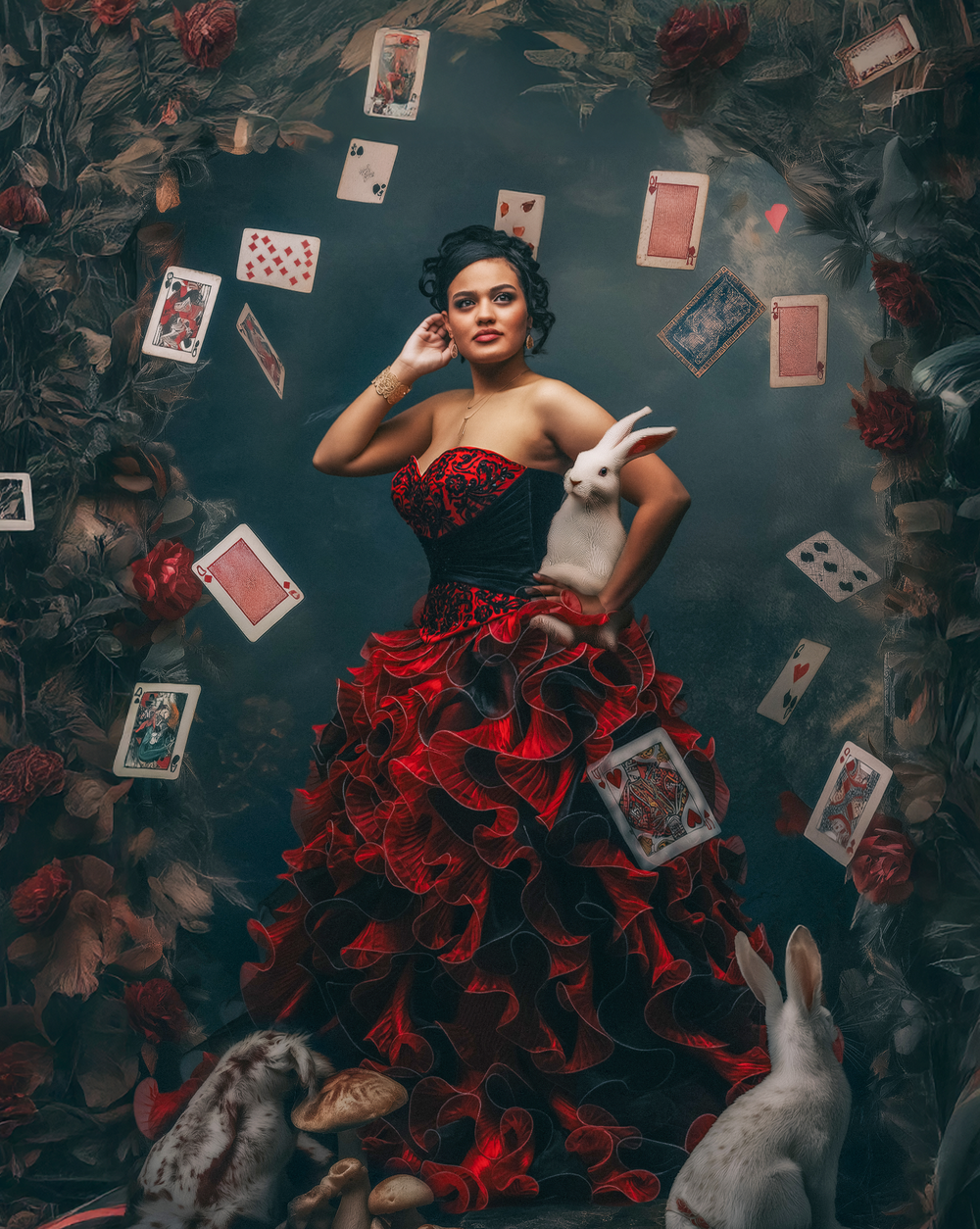 A dramatic fashion scene with playing cards floating around a red ruffled dress against a moody dark background.