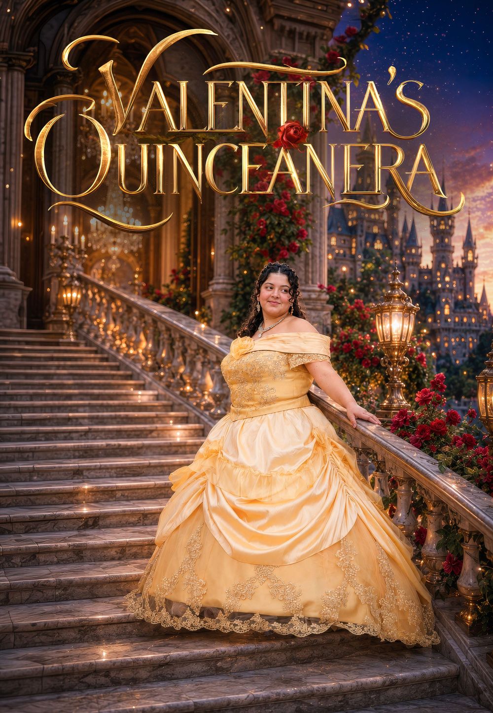 Young woman in golden ball gown poses on grand staircase for Valentina's Quinceañera celebration.
