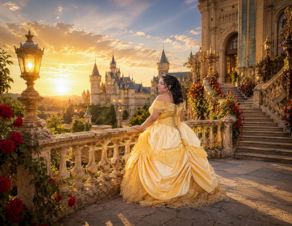 Woman in golden ball gown poses on castle balcony at sunset with roses and fairy-tale architecture in background.