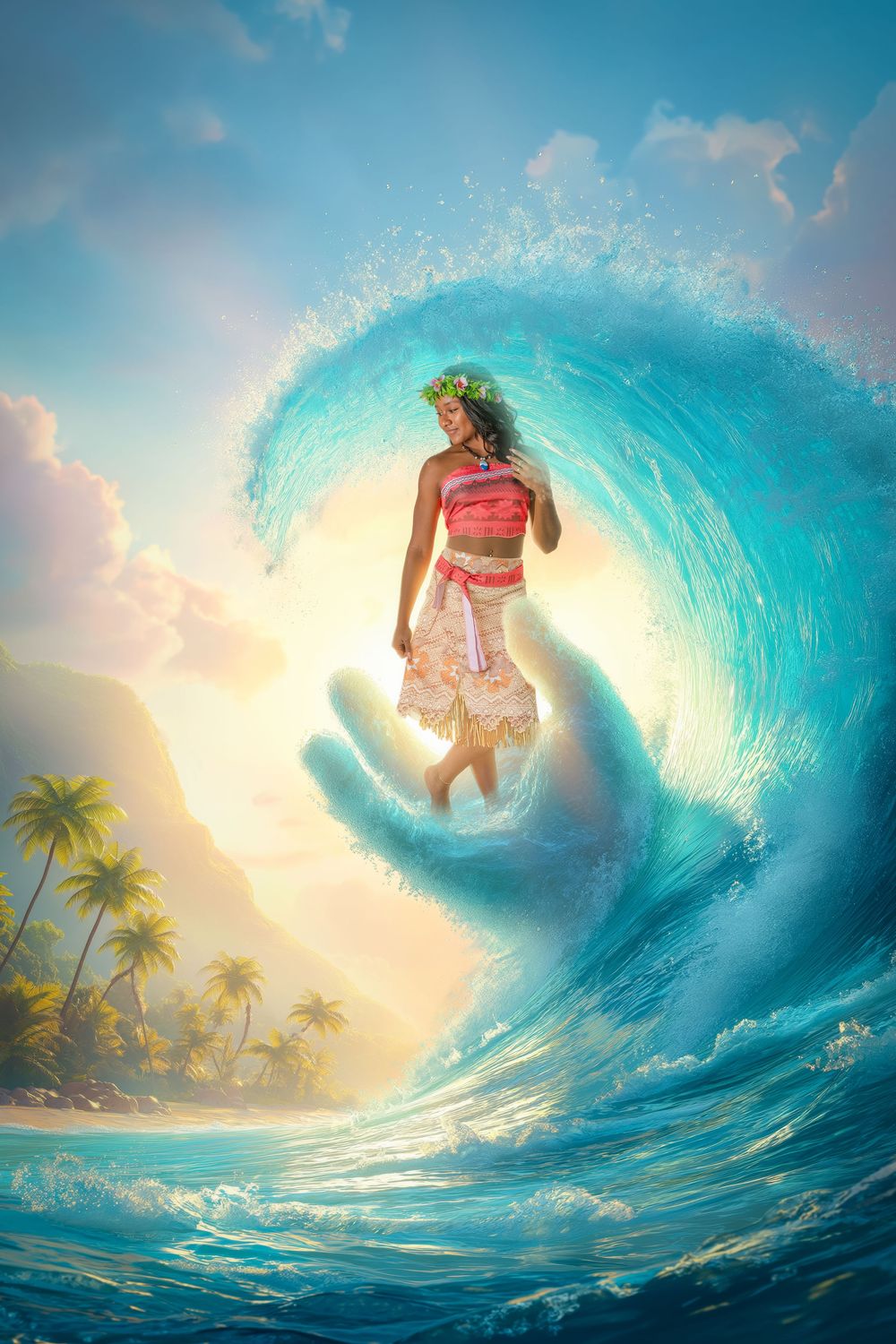 Surfer in pink swimwear soars through a massive turquoise wave barrel at sunset with palm trees in the tropical background.
