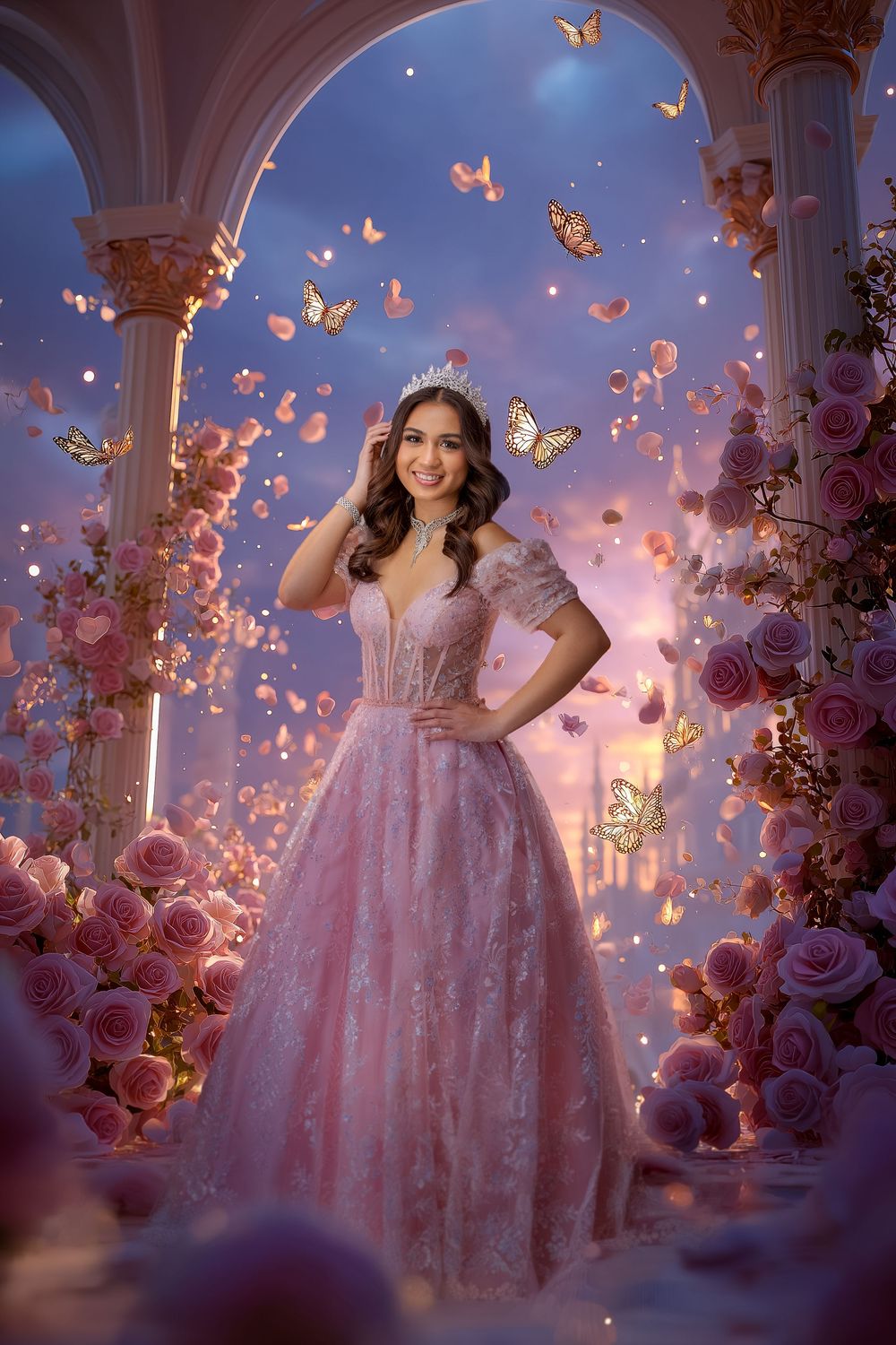 A young woman in a pink lace ball gown and tiara poses among roses and golden butterflies in a dreamy fantasy setting.