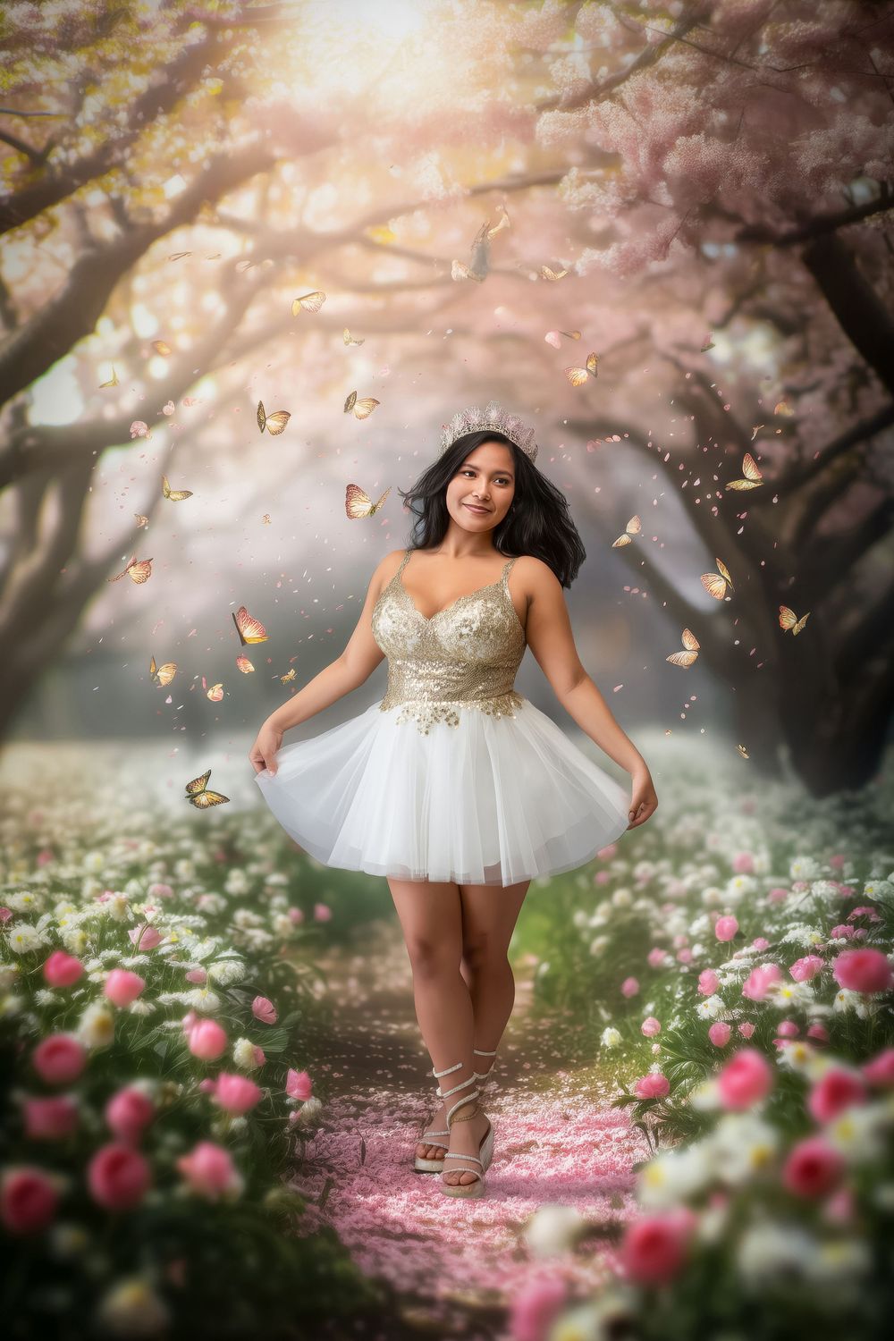 A dreamy garden scene shows a ballerina in white tulle dress dancing among blooming roses and butterflies in soft light.