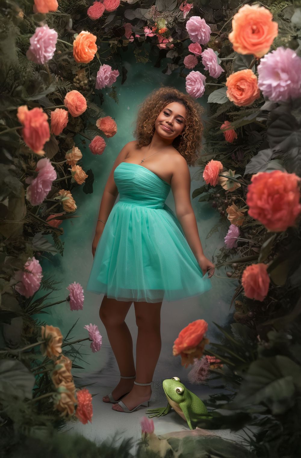 A person wearing a turquoise tulle dress poses in a whimsical garden setting with coral and pink roses and a toy frog.