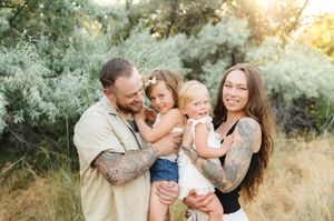 A series of outdoor family photos taken at sunset with warm golden lighting.