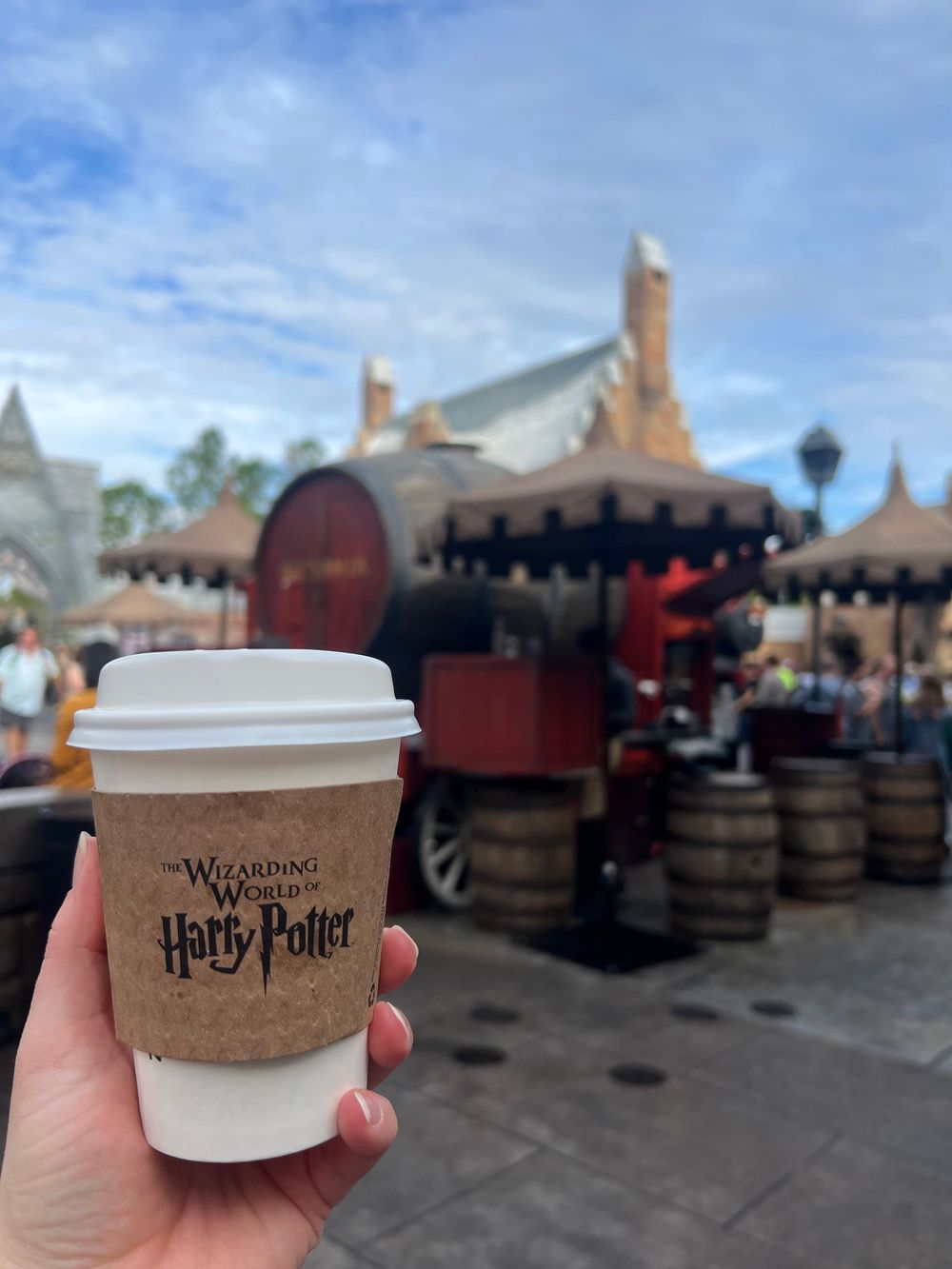 A series of Harry Potter themed coffee cups being held up against the backdrop of Hogsmeade village at Universal Studios.