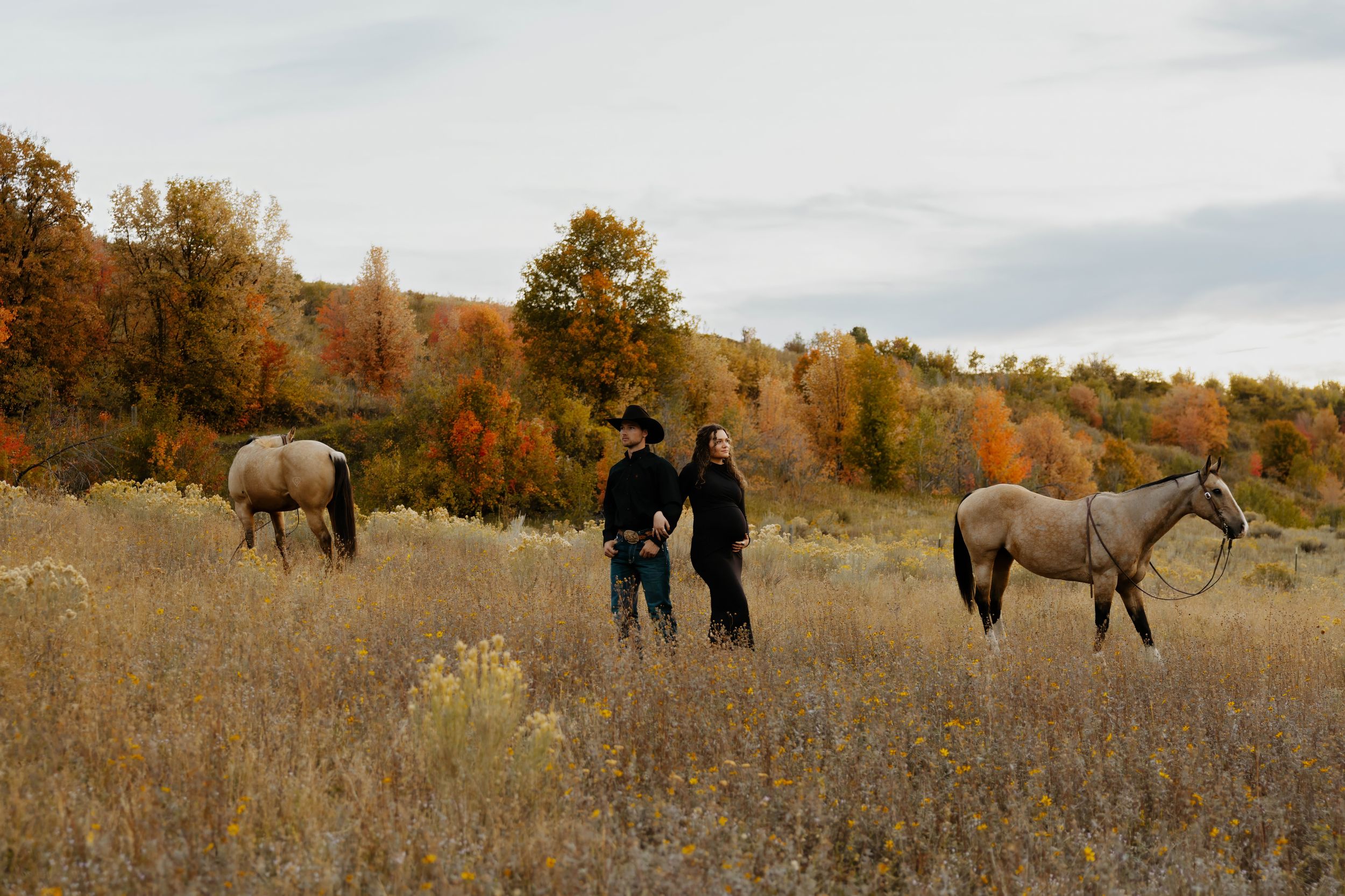 Couple standing together in autumn field with two horses grazing among golden grasses and colorful fall trees.
