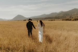Wide countryside wedding scene with mountains and golden field in background.