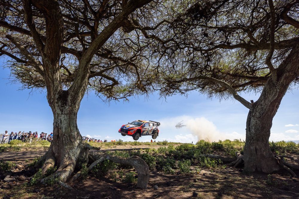 Rally car catches air between two large trees on hillside course.