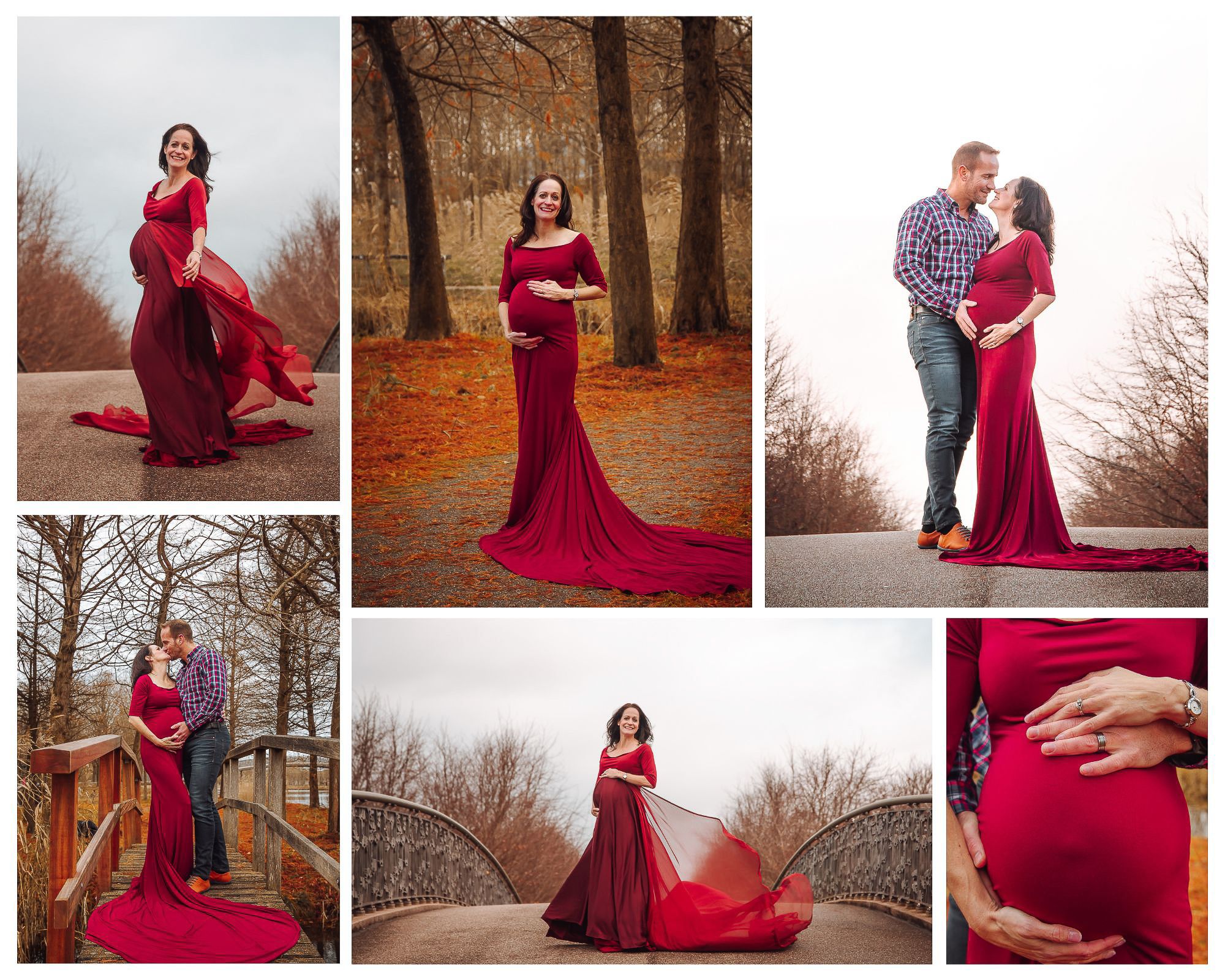 Pregnancy photo shoot at Maximapark, with a pregnant woman in a flowing red gown with her partner, taken outdoors in autumn.