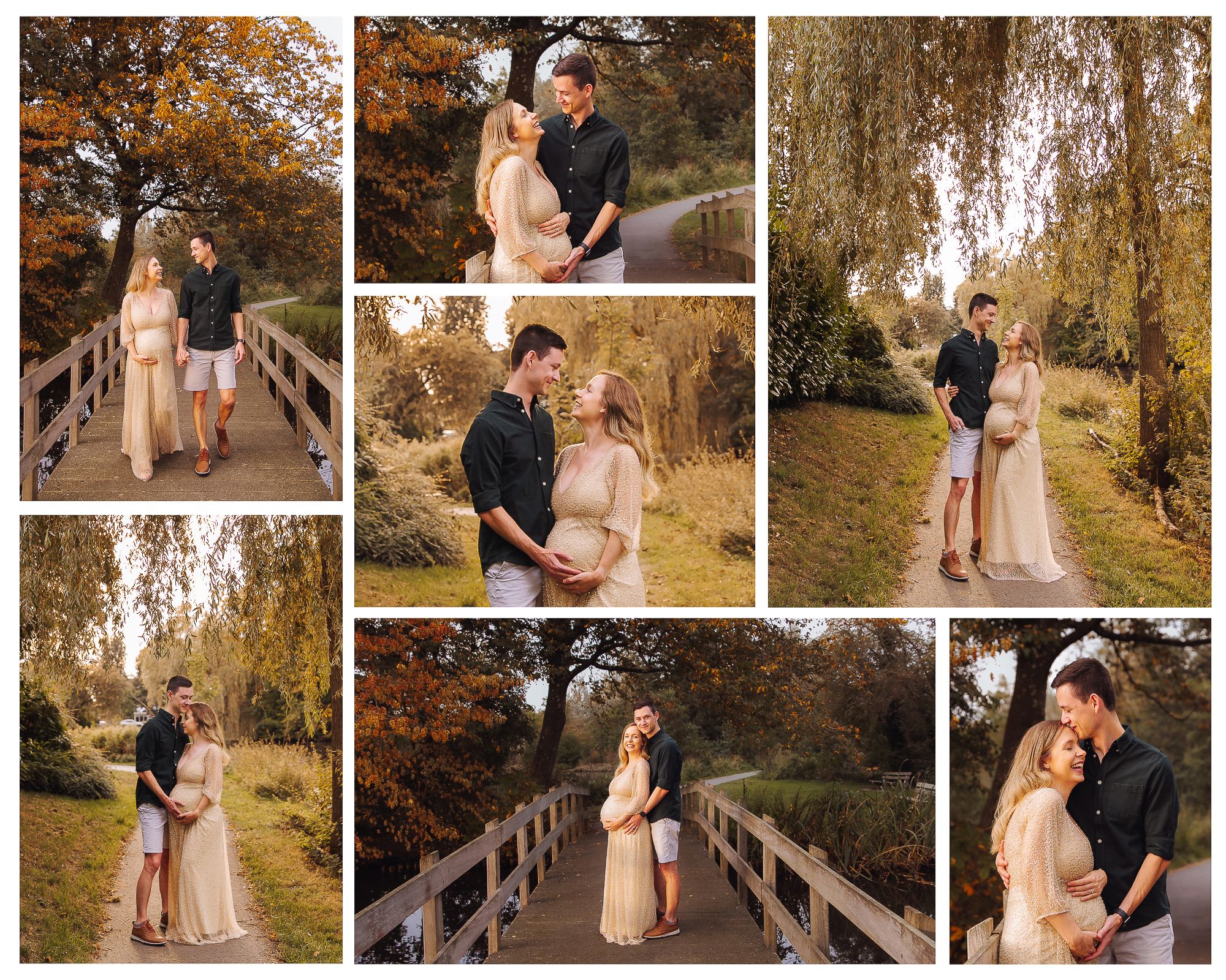 Maternity photo shoot of a couple posing on a wooden bridge surrounded by autumn foliage in warm golden tones in Woerden