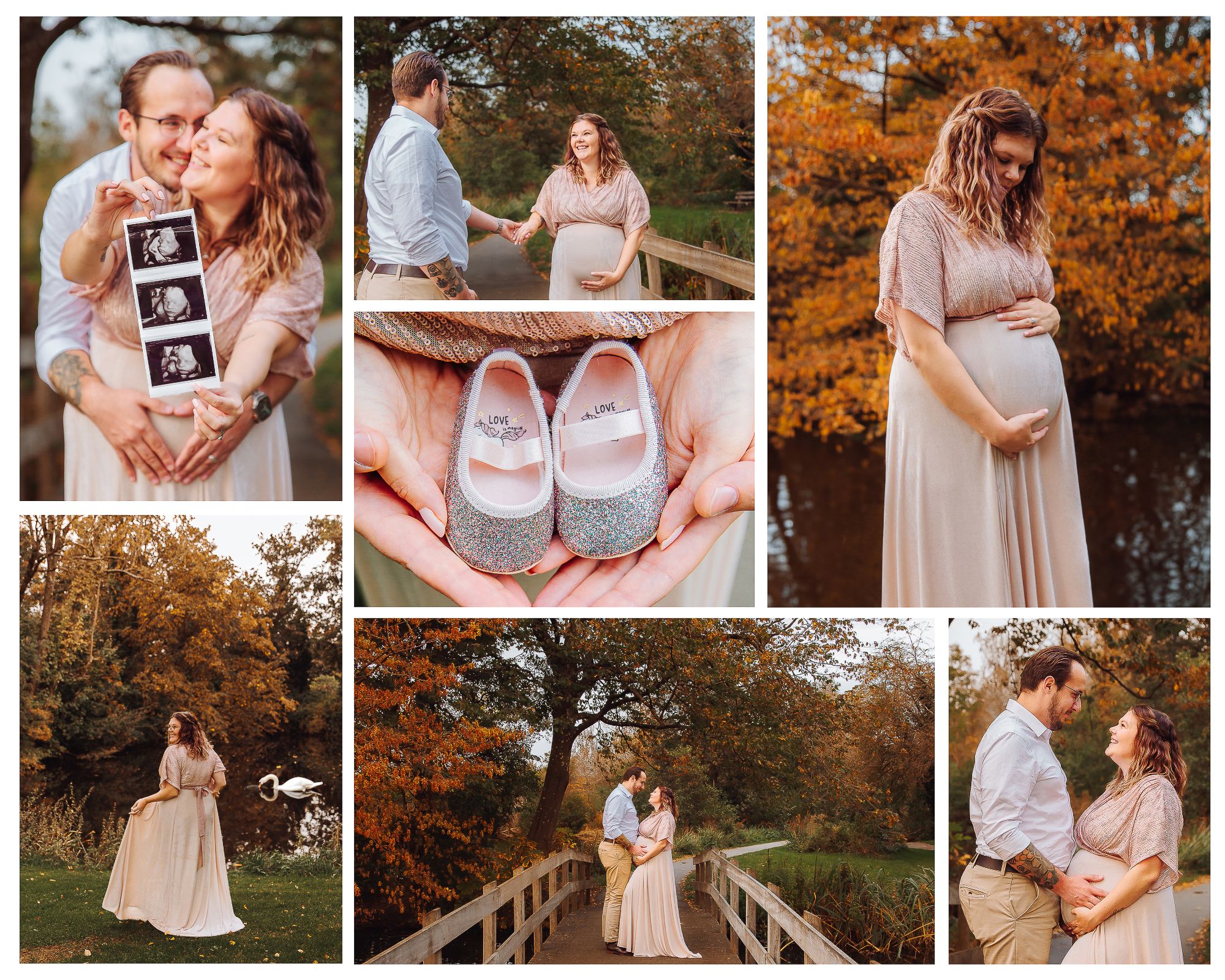 Autumn maternity photo session featuring couple with ultrasound photos, baby shoes, and outdoor bridge portraits in autumn in woerden