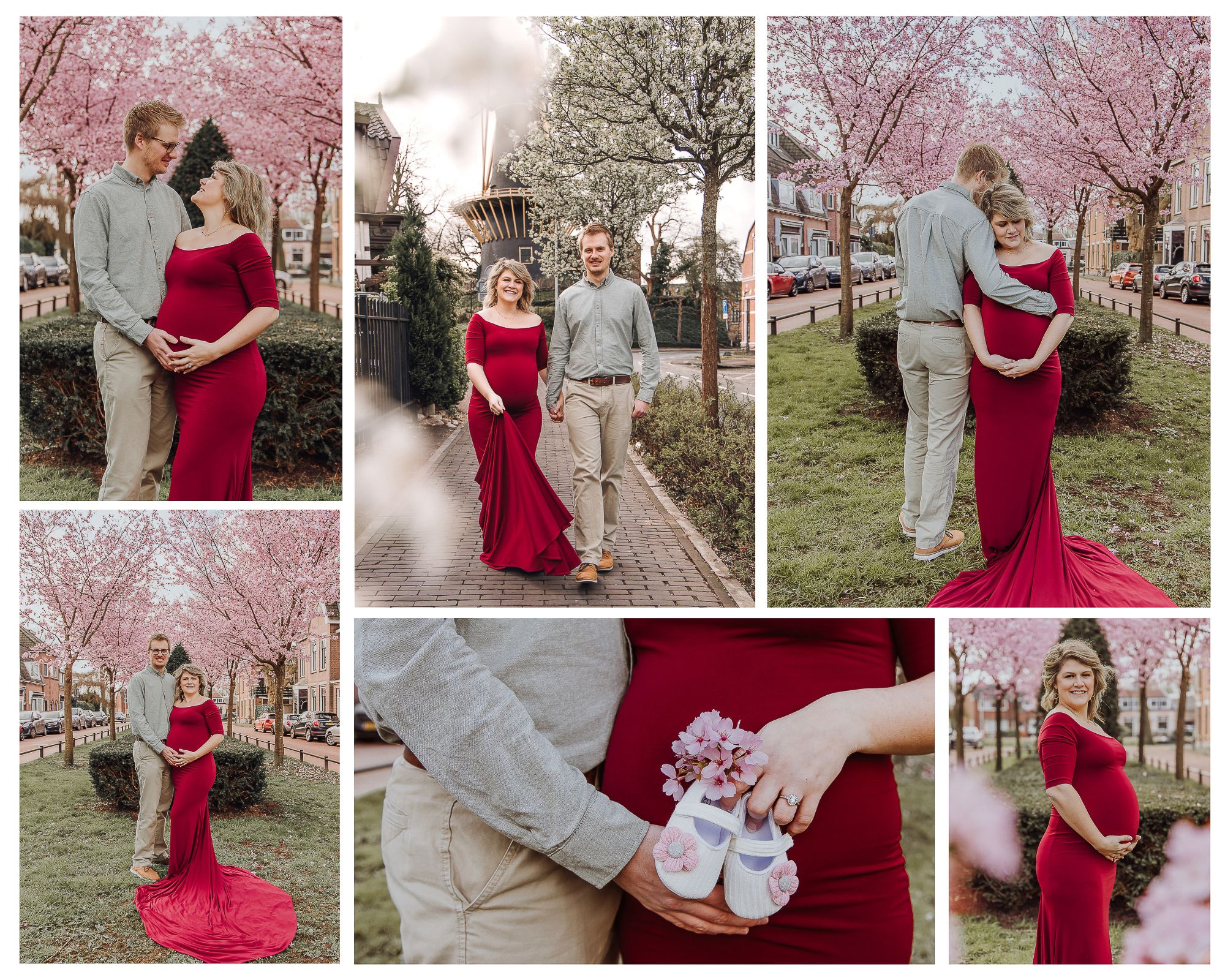 Maternity photo shoot of a couple in red dress among cherry blossom trees in Woerden, featuring baby shoes detail shot.