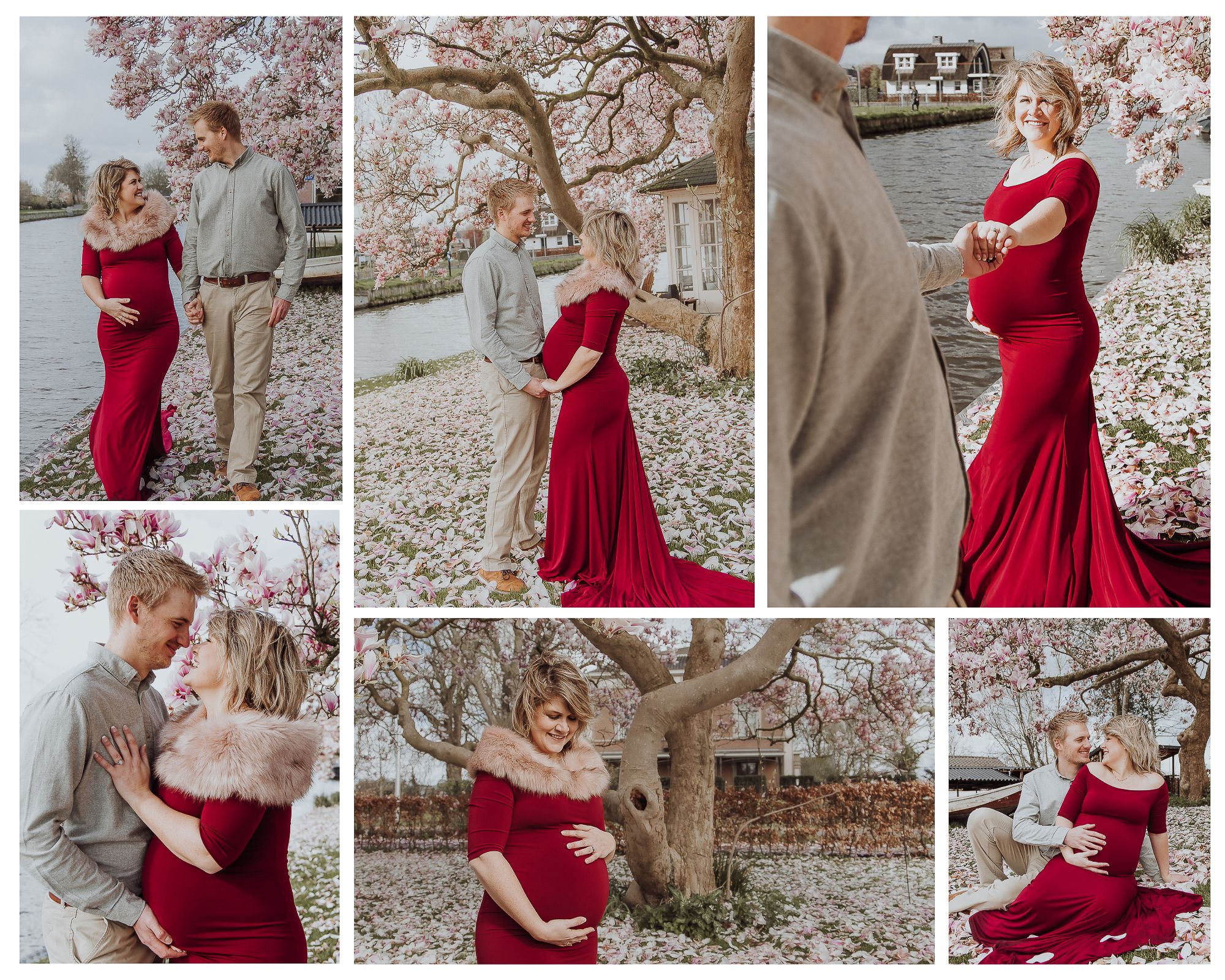Maternity photo shoot of a couple in red dress and gray outfit near a magnolia blossom tree by the water in Woerden.