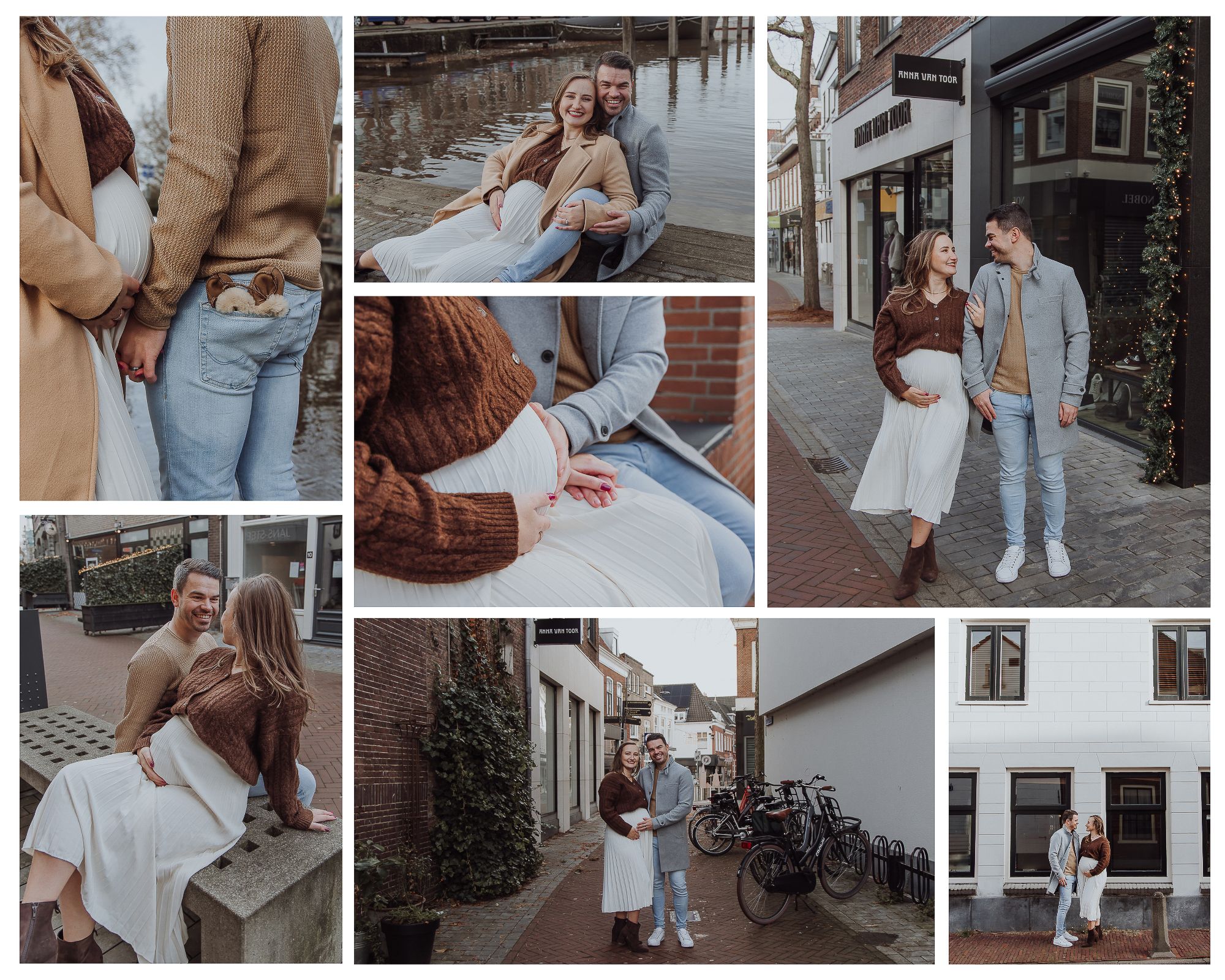 Maternity photo collage of a couple in casual autumn outfits posing in a charming European town street in the city of Woerden