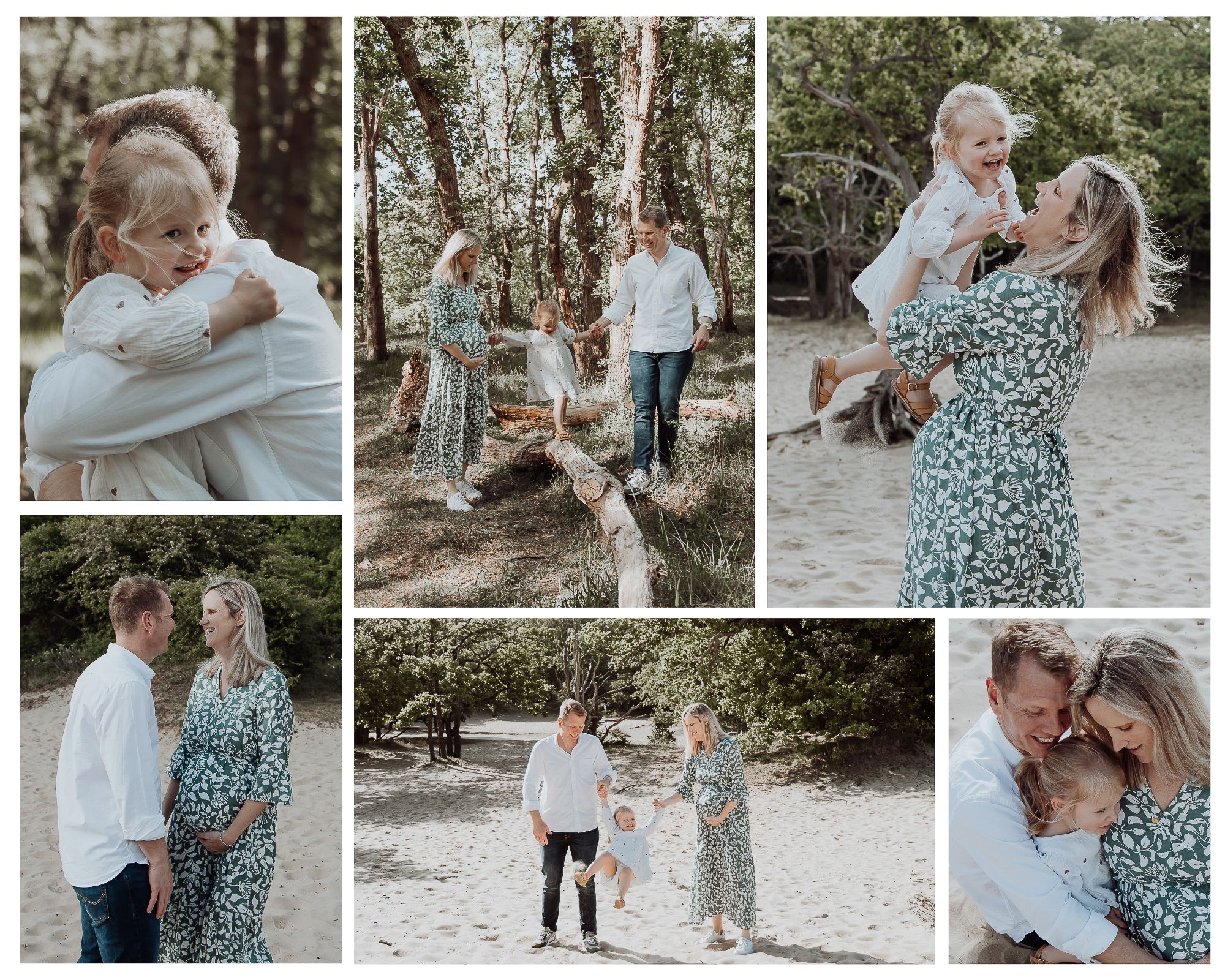 Family photoshoot with parents and toddler in Zandvoort dunes, posing among the forest and sand, with the mother wearing a floral dress.