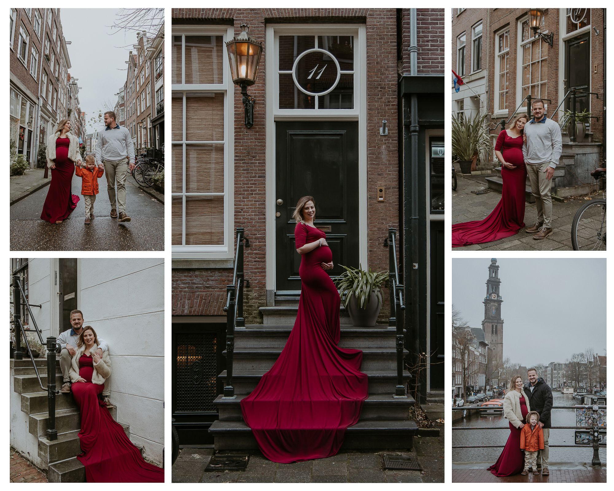 Pregnant woman in red elegant dress poses with partner on Amsterdam canal streets for maternity photoshoot in winter.