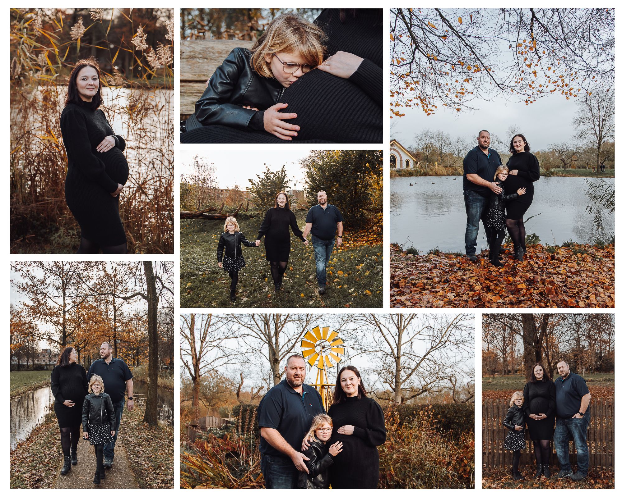 Outdoor fall family maternity photo shoot in Woerden featuring couples and children among autumn leaves and bare trees near a pond.