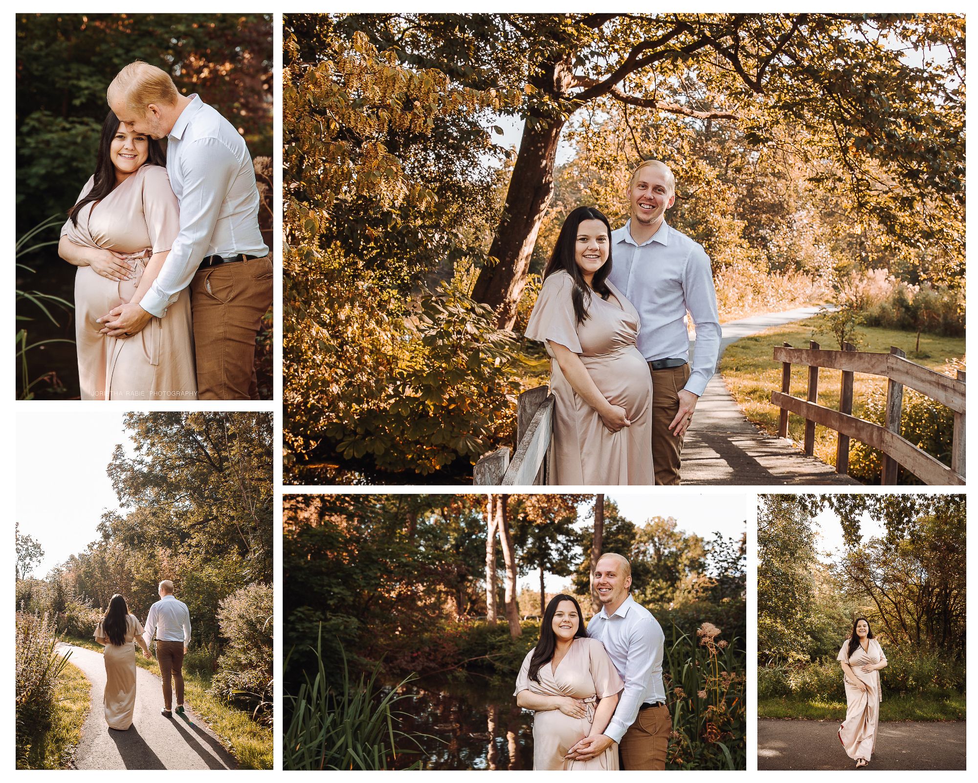Maternity photo shoot of a couple posing outdoors among autumn trees, featuring a pregnant woman in a flowing beige gown in Woerden
