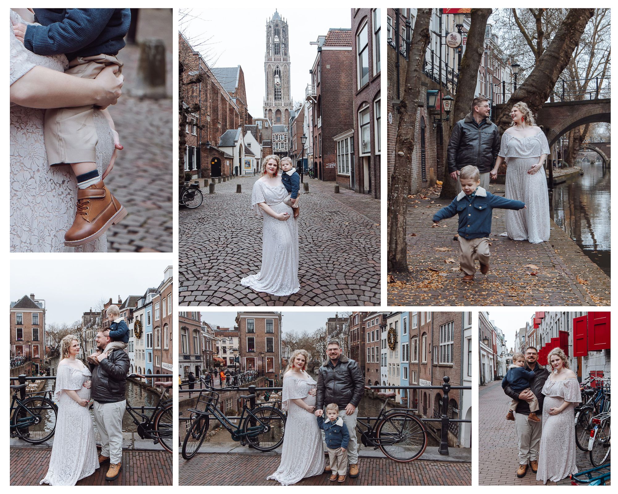 Family maternity photo shoot in Utrecht city, Netherlands, featuring cobblestone streets, canals, and the Dom Tower backdrop.