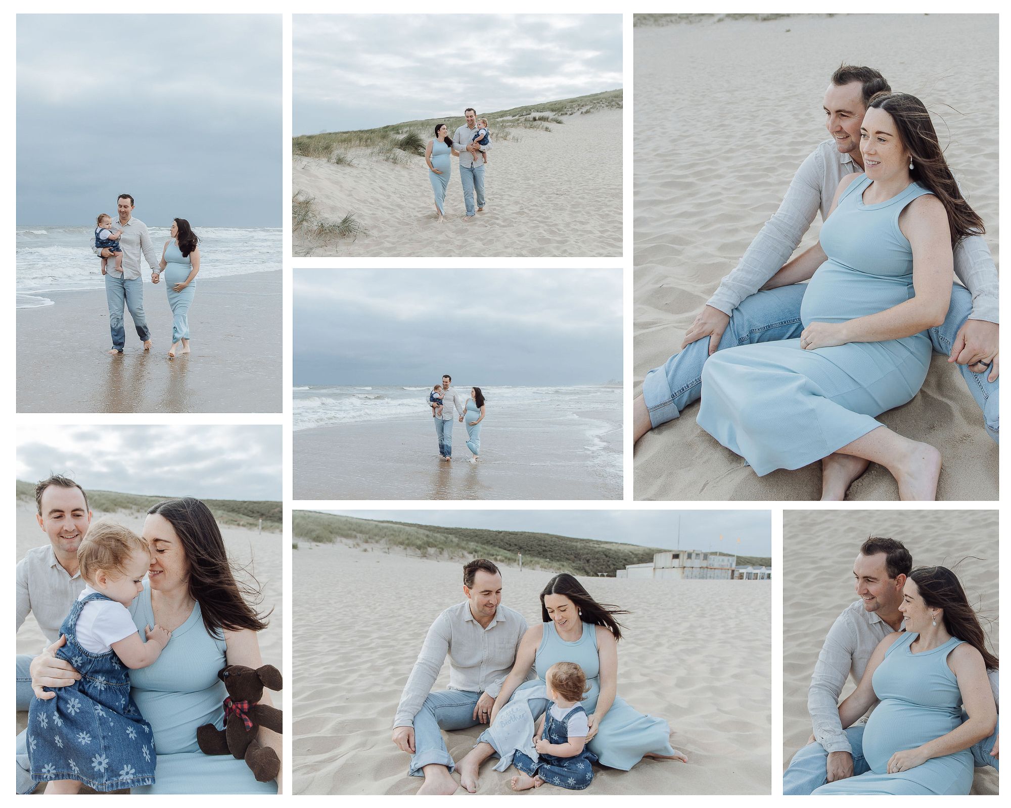 Pregnancy photo shoot at Katwijk aan Zee, with a couple and toddler in blue outfits on sandy beach with ocean backdrop.