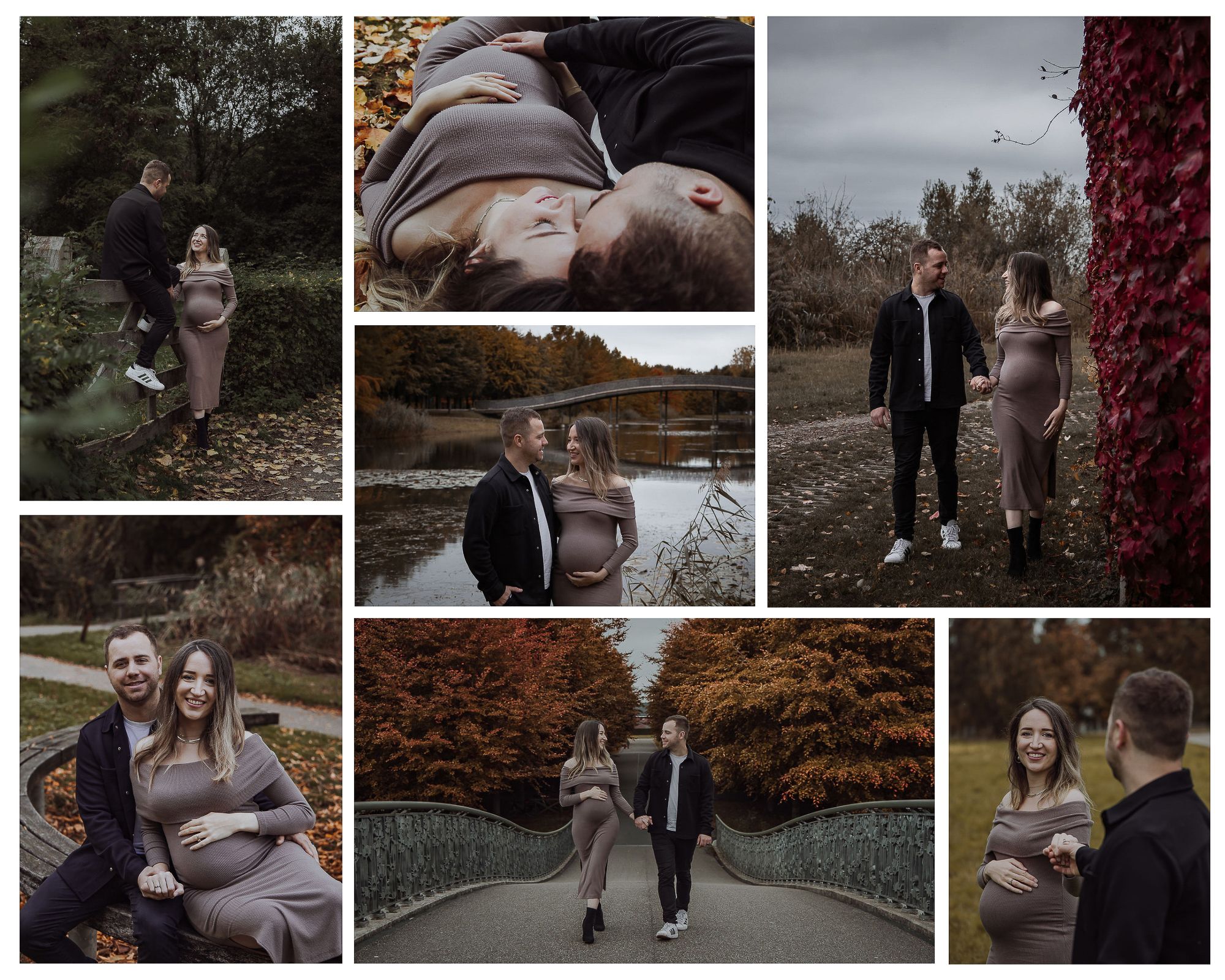 Pregnancy photo shoot at Maximapark, with a couple posing in an autumn park with colorful fall foliage.