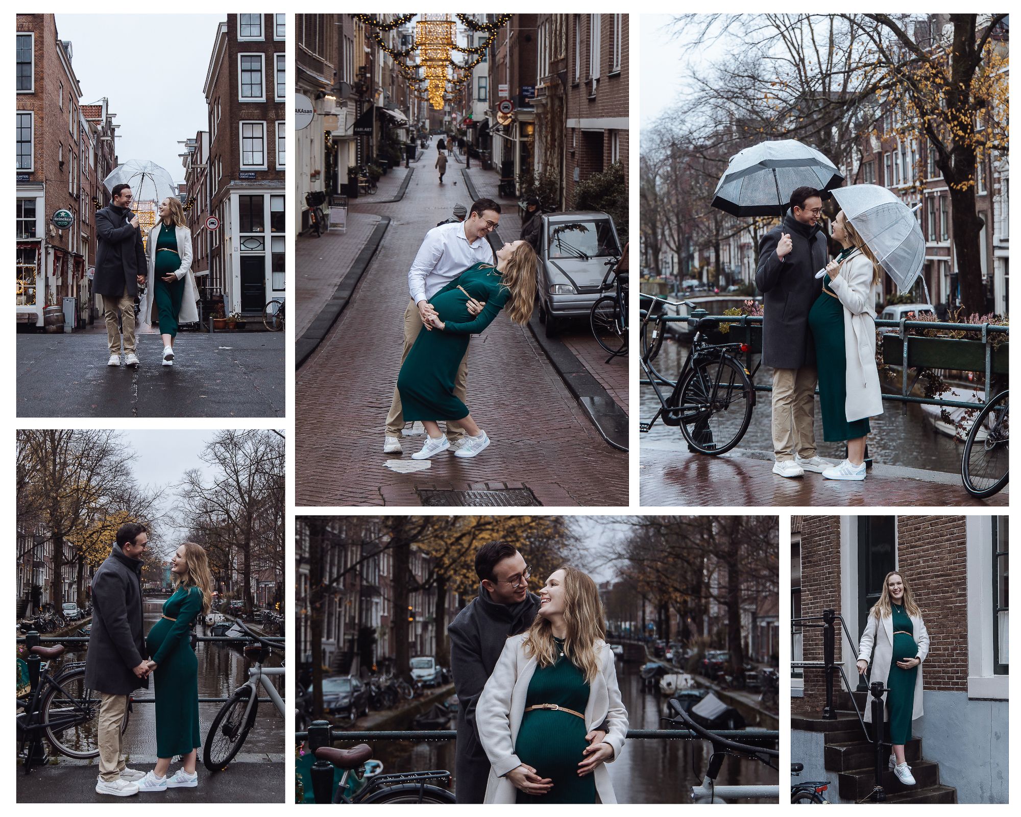 Couple maternity photoshoot on rainy Amsterdam canal streets, woman in green dress, man in white sneakers, romantic poses.