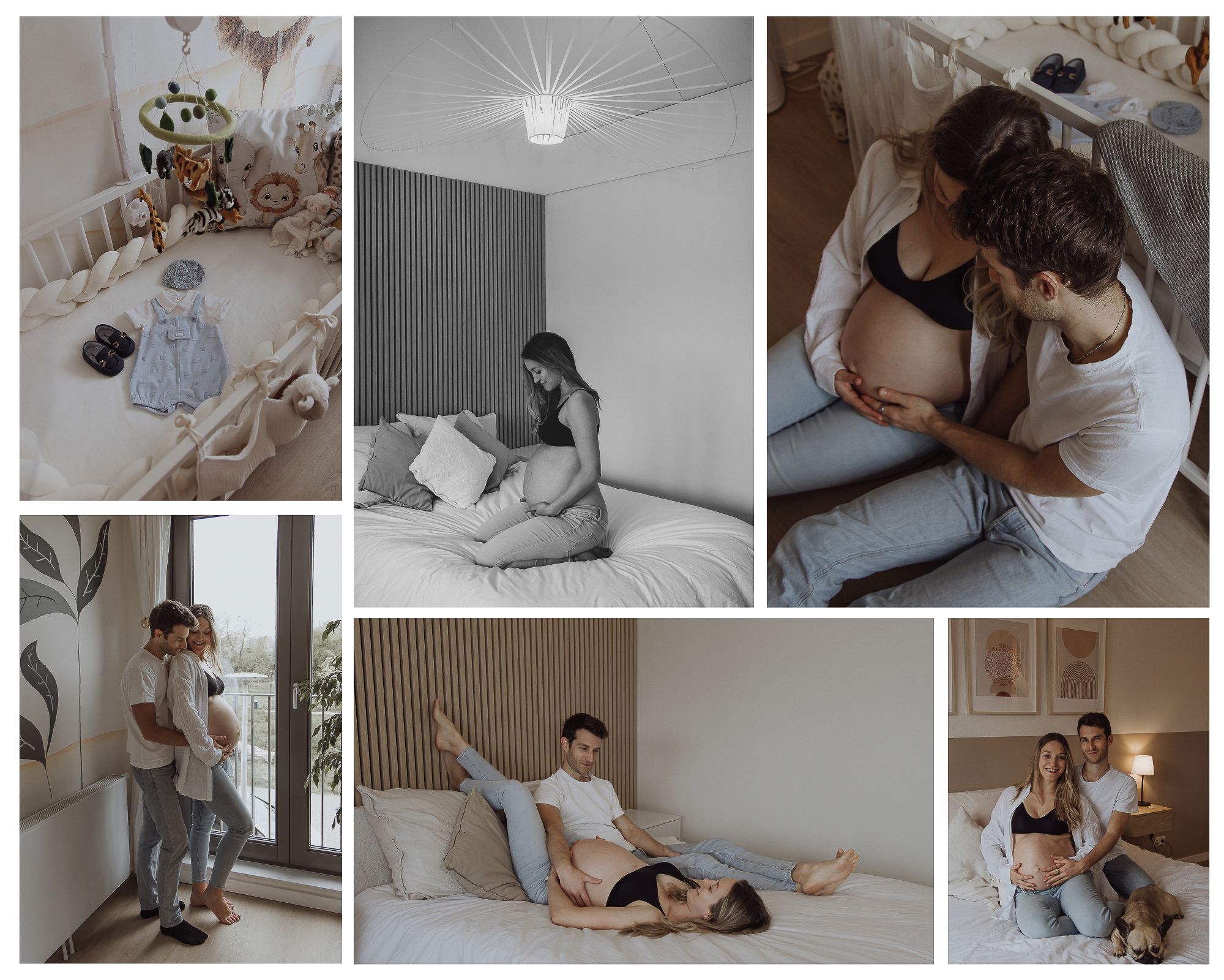 Pregnancy photo shoot of a Pregnant couple sharing tender moments in a modern bedroom, captured in a warm maternity session at home.