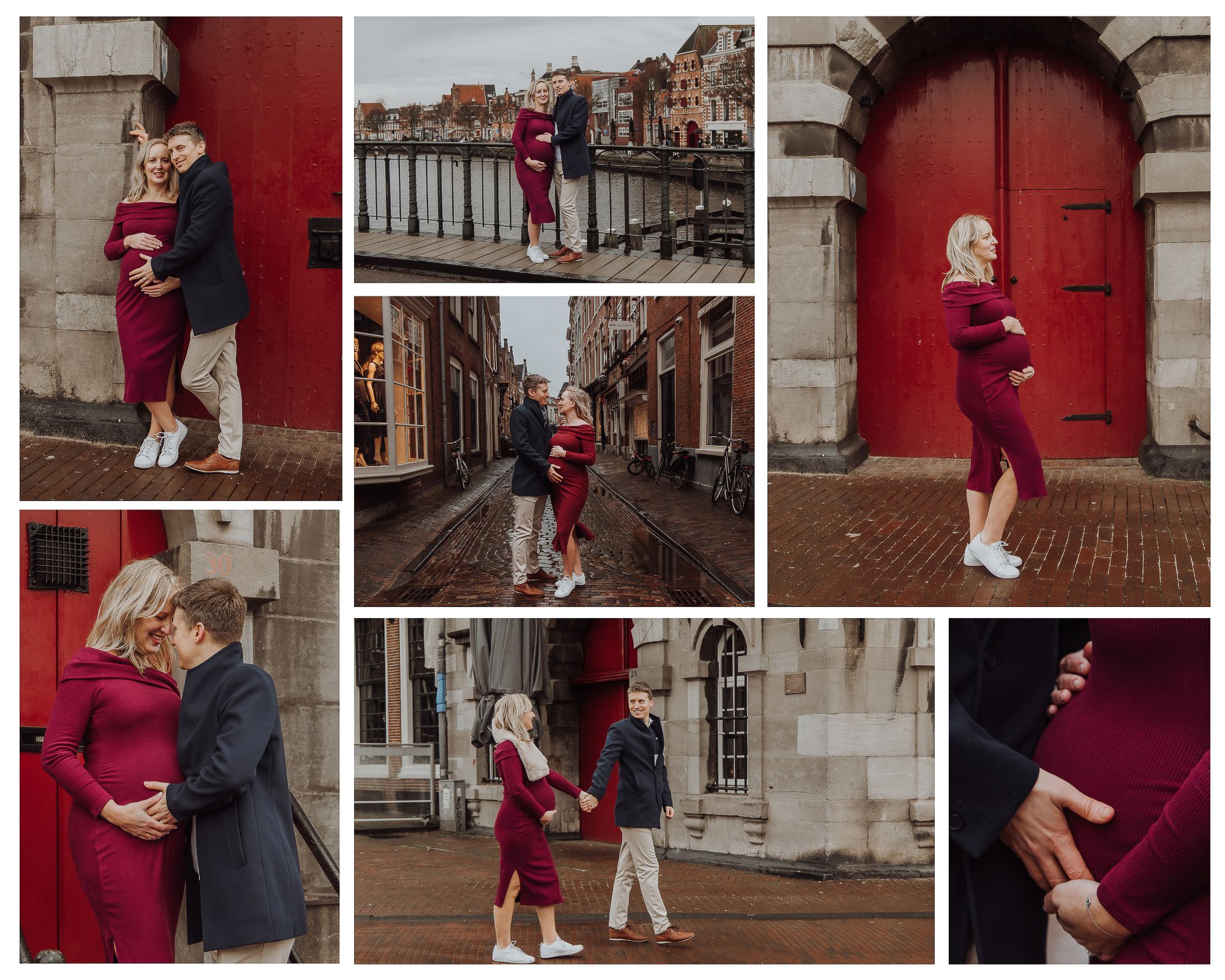 Romantic maternity photo shoot of a couple in red outfits posing in a charming European city setting.