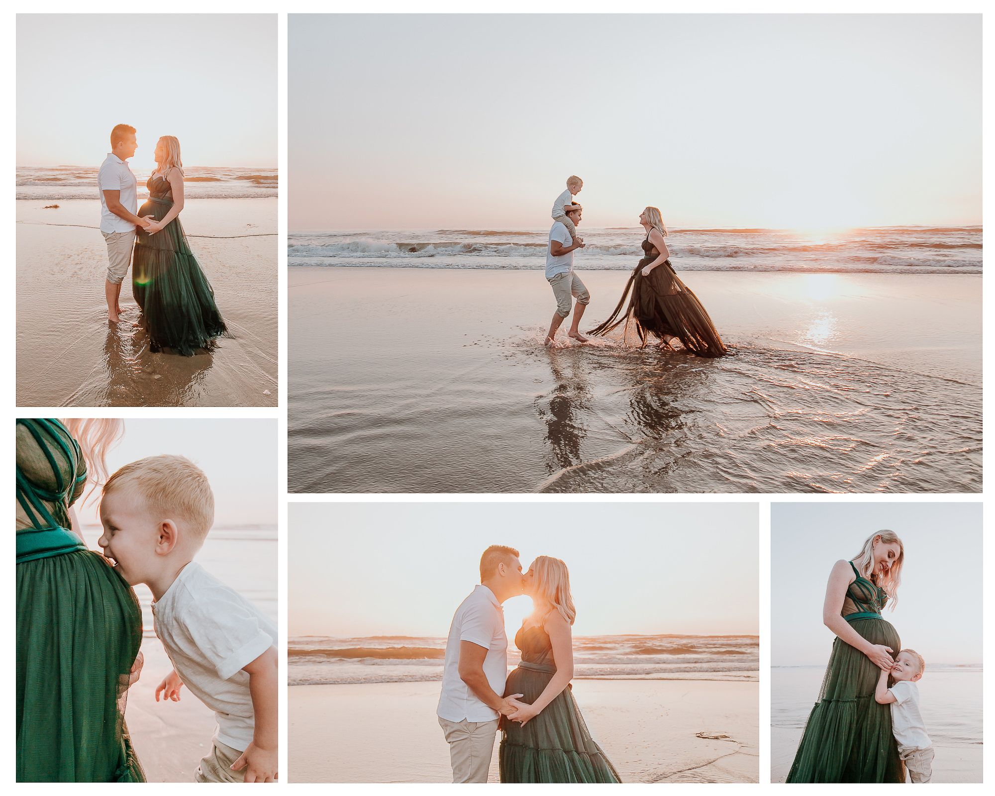 Family maternity beach photo session at sunset with couple kissing, toddler playing, and pregnant woman in green dress.