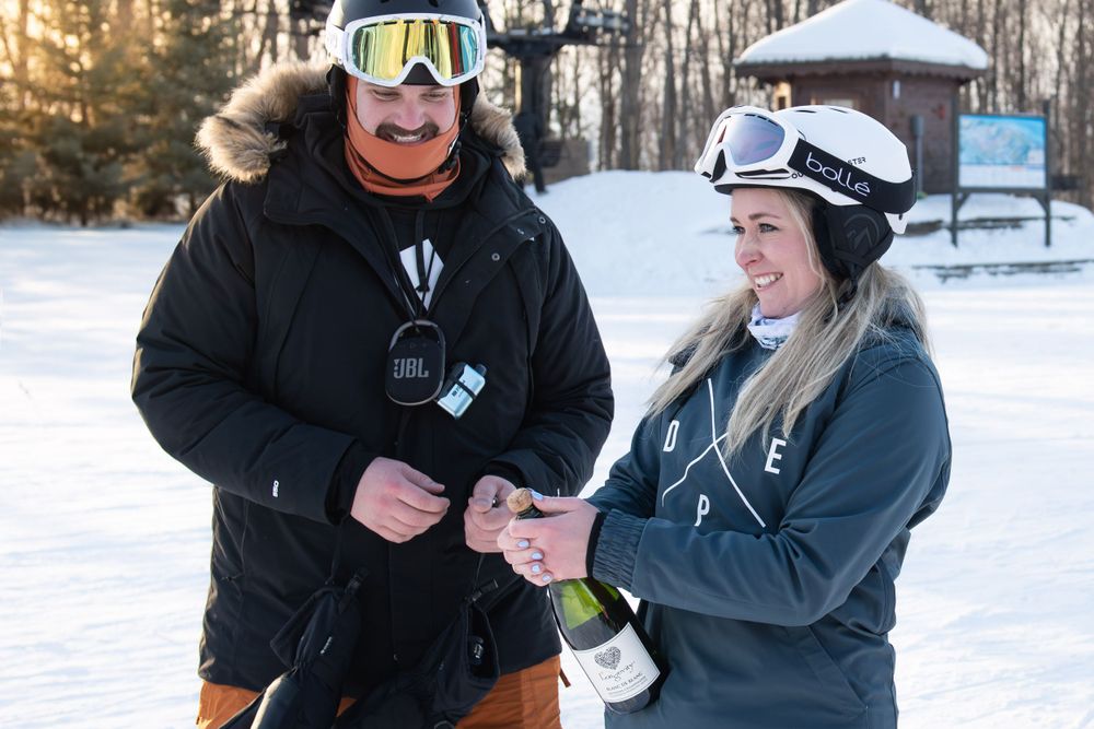 Northern Michigan Couple Proposal Engagement Boyne Mountain SkyBridge