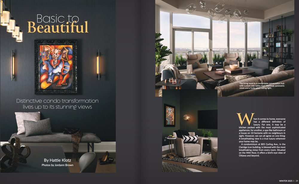 Modern living room interior design with dark walls, floor-to-ceiling windows, and contemporary furnishings.