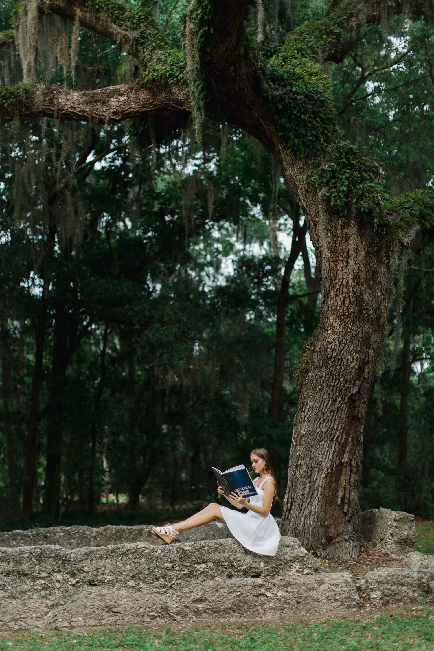 A person in a white dress reclines against a large oak tree in a wooded area during a photo session.