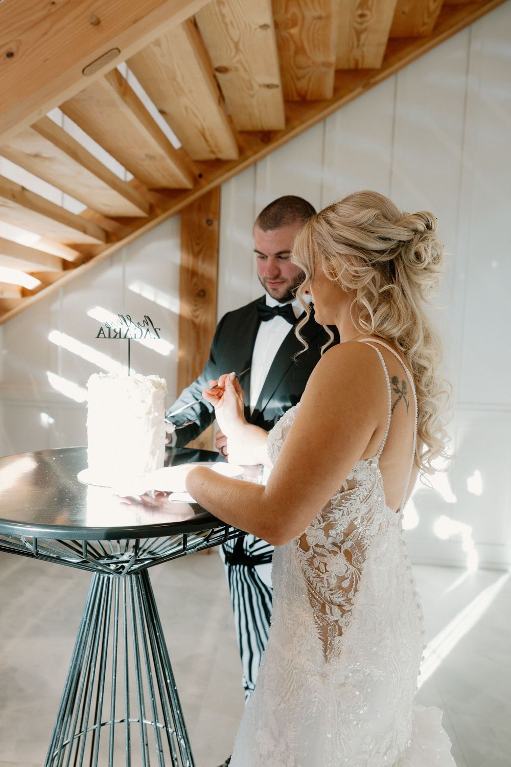 Artistic wedding photography sequence showing intimate moments in a light-filled venue.