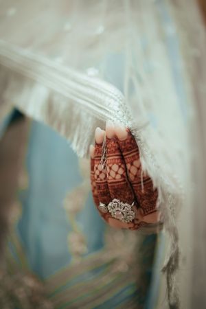 Close up of intricate henna design on hands with delicate white veil fabric.