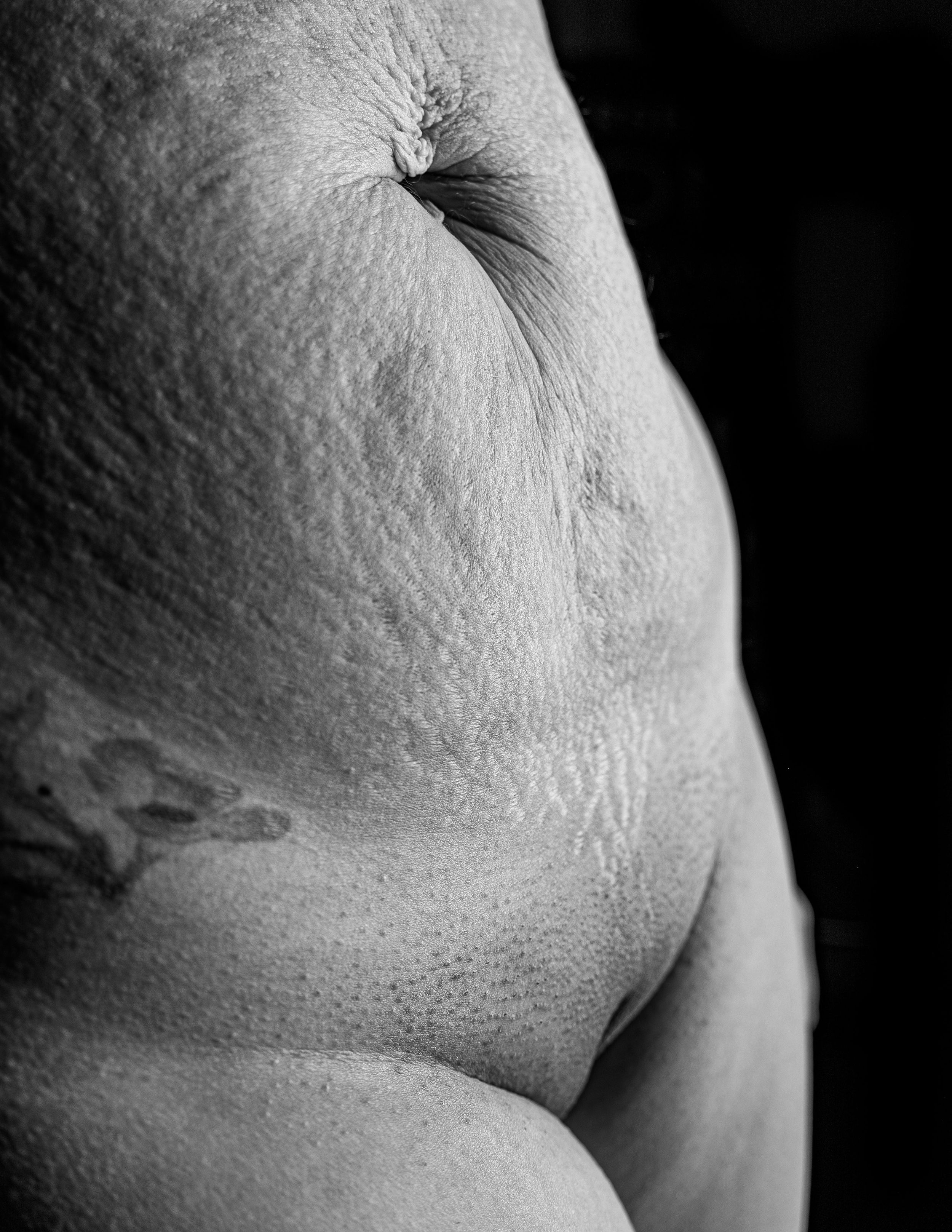 Black and white macro photograph of a human navel showing detailed skin texture and contours.
