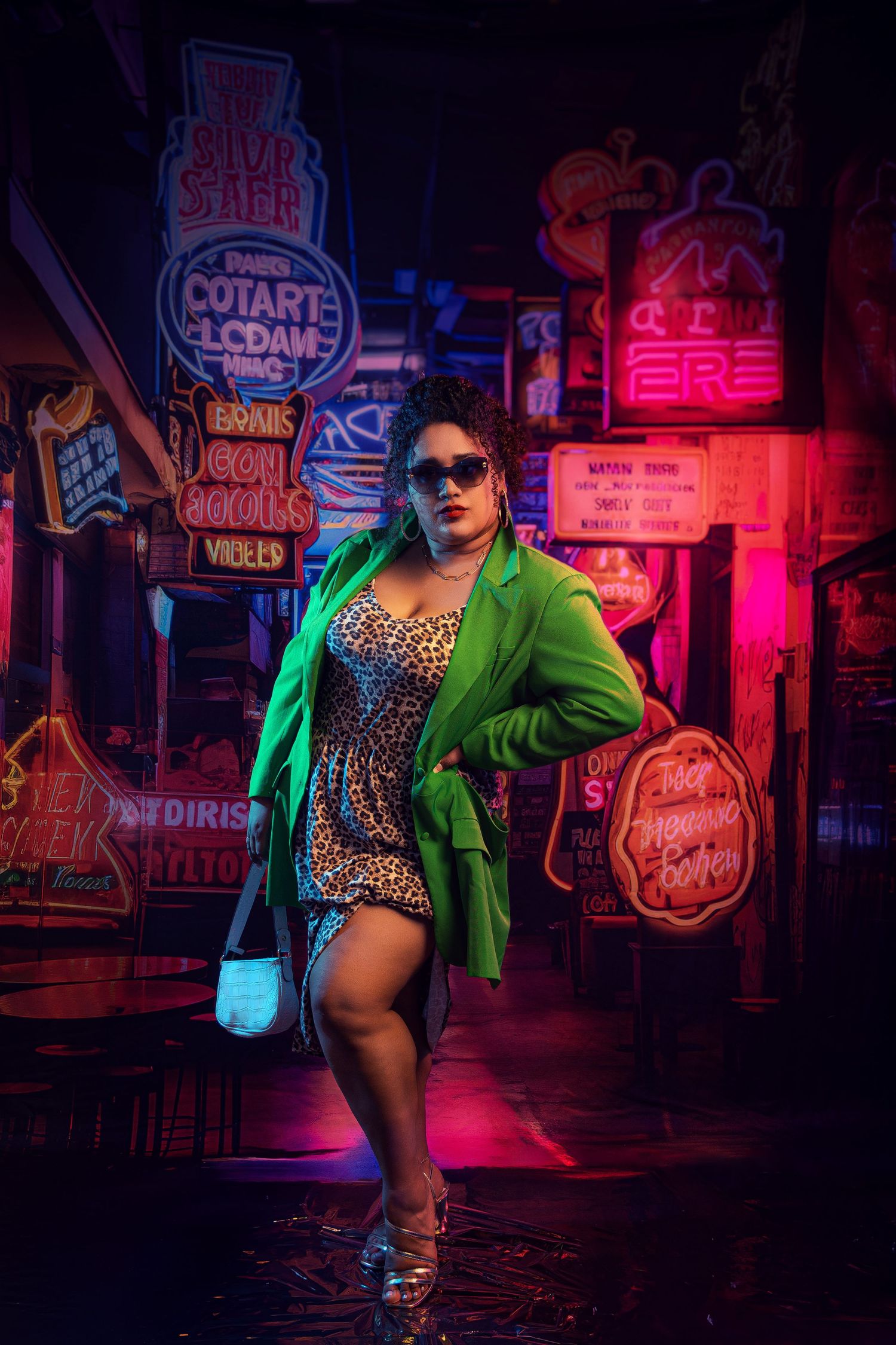 Carolina Waldroff in a leopard dress and green blazer poses confidently in a neon-lit alley filled with colorful vintage signs