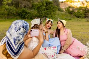 Group of friends in headscarves and pastel dresses taking a photo with a smartphone while sitting on a grassy hillside picnic.
