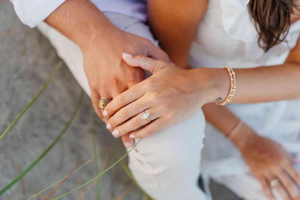 Close-up details of wedding rings and hands with delicate jewelry.