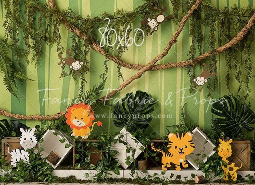 Jungle safari cake smash backdrop with cartoon animals, tropical leaves, and rope vines on green striped background, 80x60.