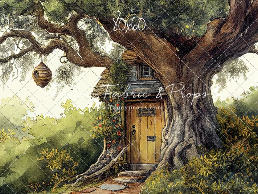 Whimsical watercolor treehouse with wooden door, lush greenery, and hanging lantern photography backdrop.