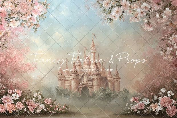Dreamy pink castle backdrop with blooming cherry blossoms and roses, perfect for fantasy portrait photography.