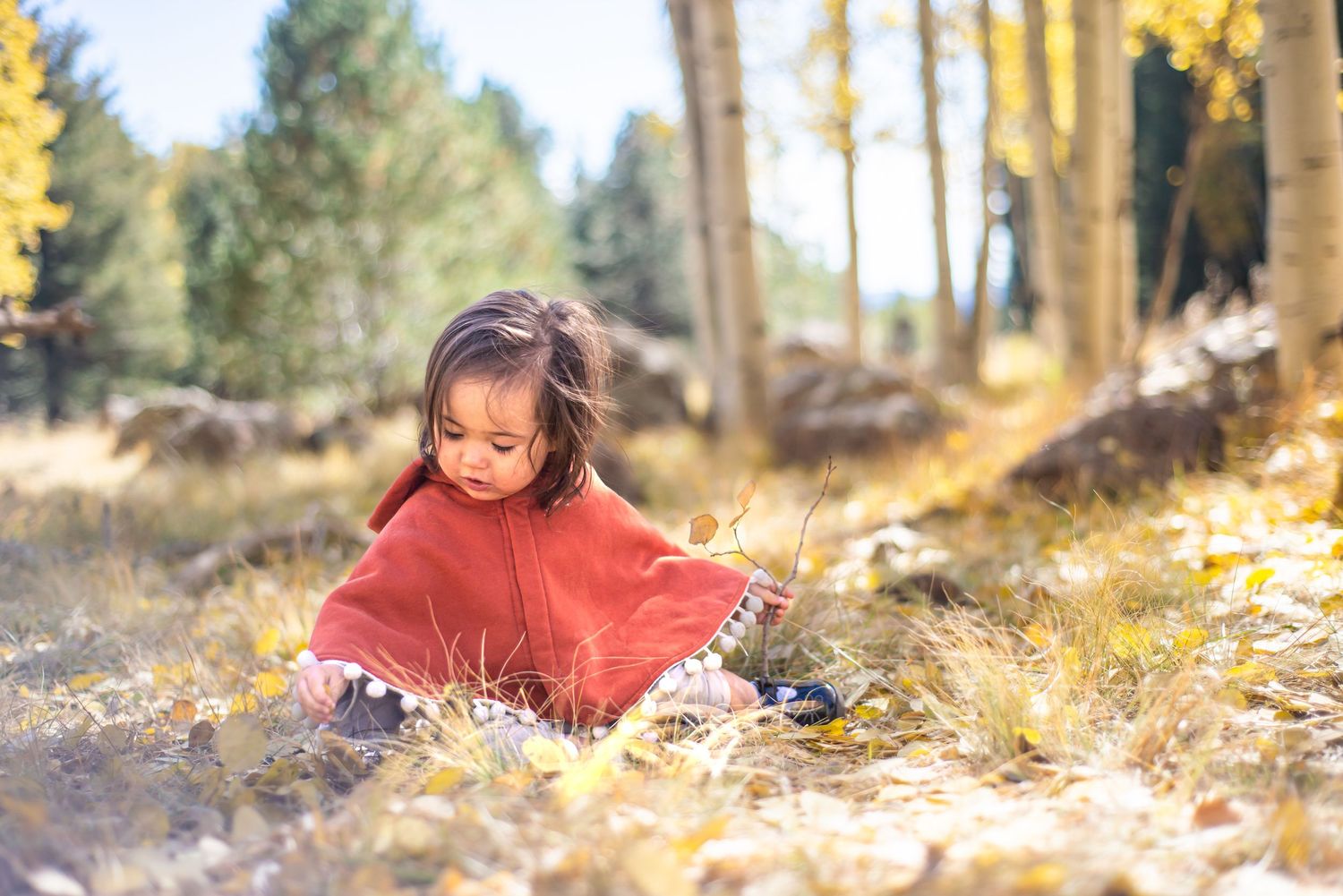 Child in bright red coat walking through sunlit forest with birch trees.
