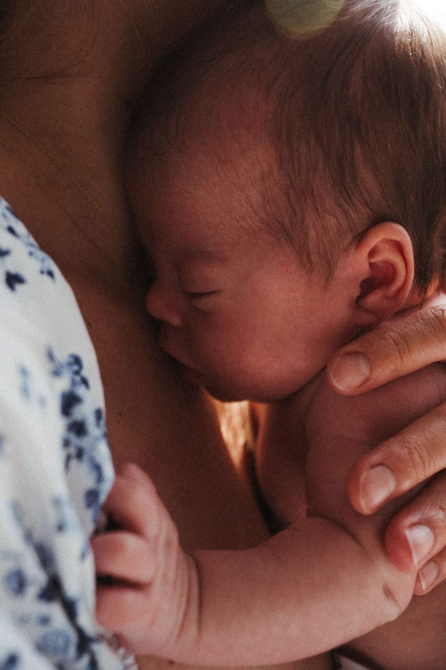 Gentle sequence showing loving interactions with a newborn baby against soft fabric.