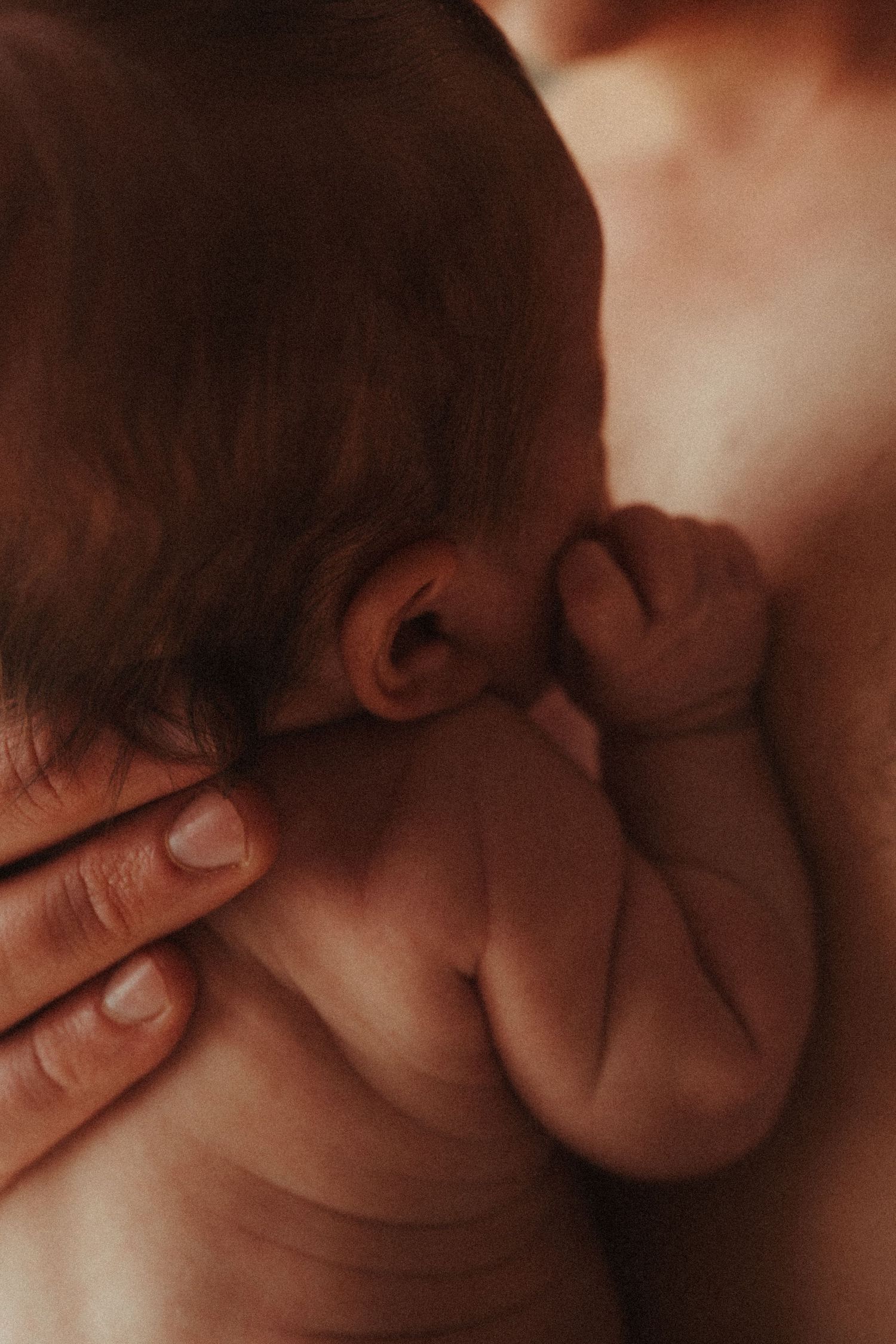 Close-up of a newborn baby's ear and head being gently cradled by adult hands in warm lighting.