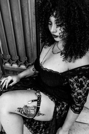 Monochrome portrait of a woman from a dramatic angle.