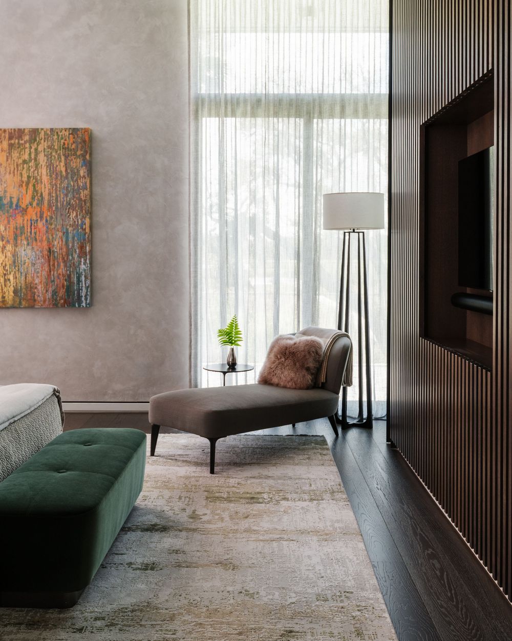 Sideview of the luxury bedroom with wooden wall